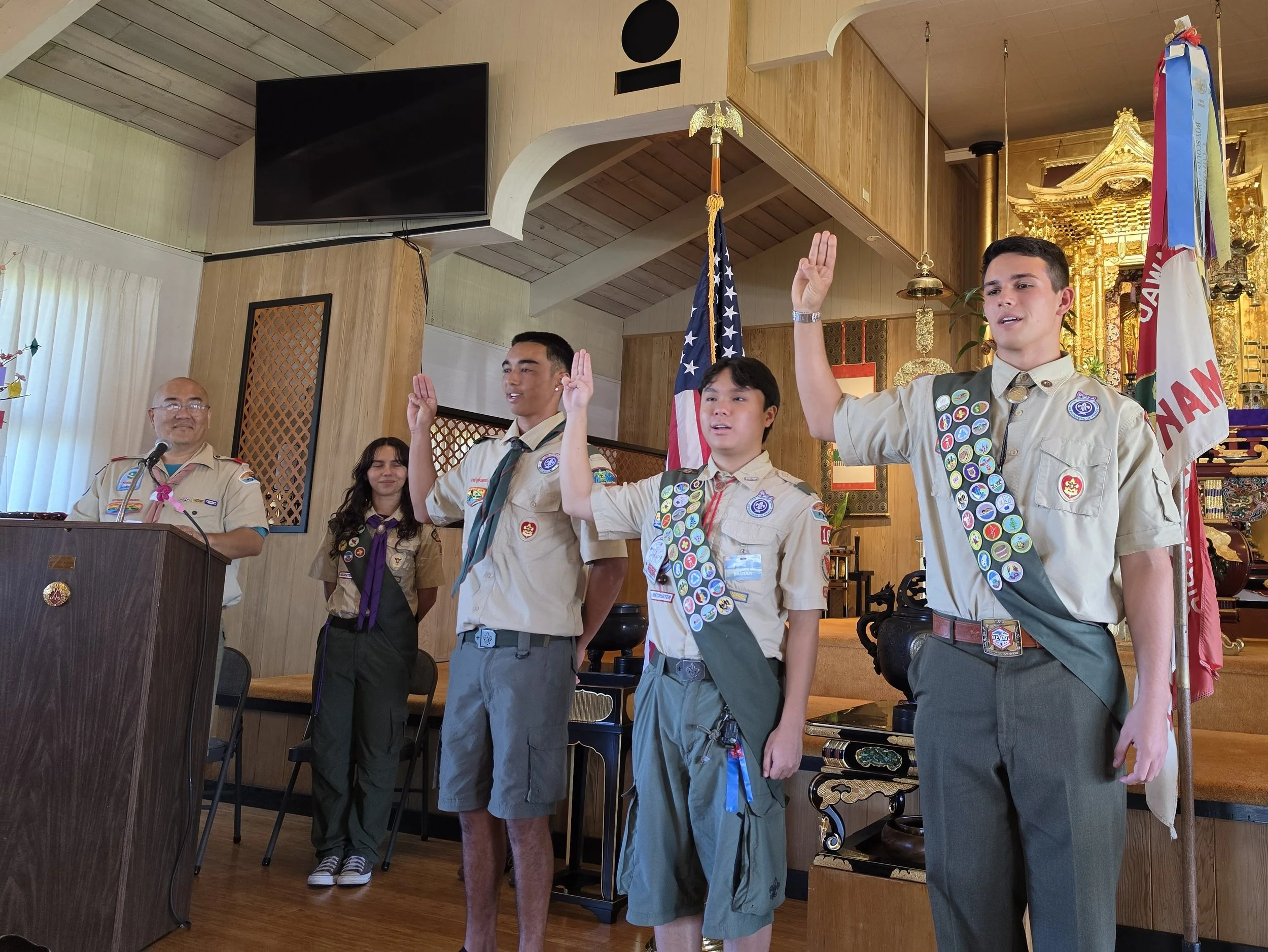 Scoutmaster Lorin Kosaka and Eagle Scout Candidates
