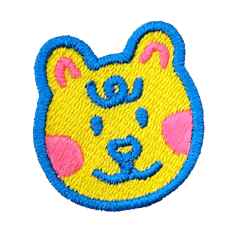 An animated gif of a yellow, blue, and pink happy bear embroidered patch