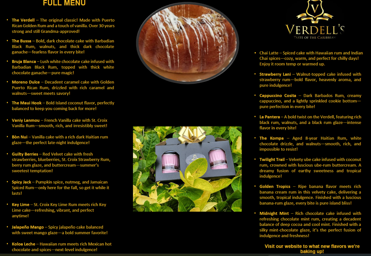 A dessert menu from Verdell's featuring images of a glazed donut and a gift box with two small bottles, set against a black background with yellow text describing various cakes and flavors.