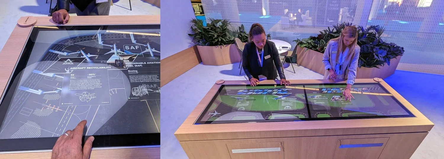 Detail of previous kiosk design and two presenters using device.