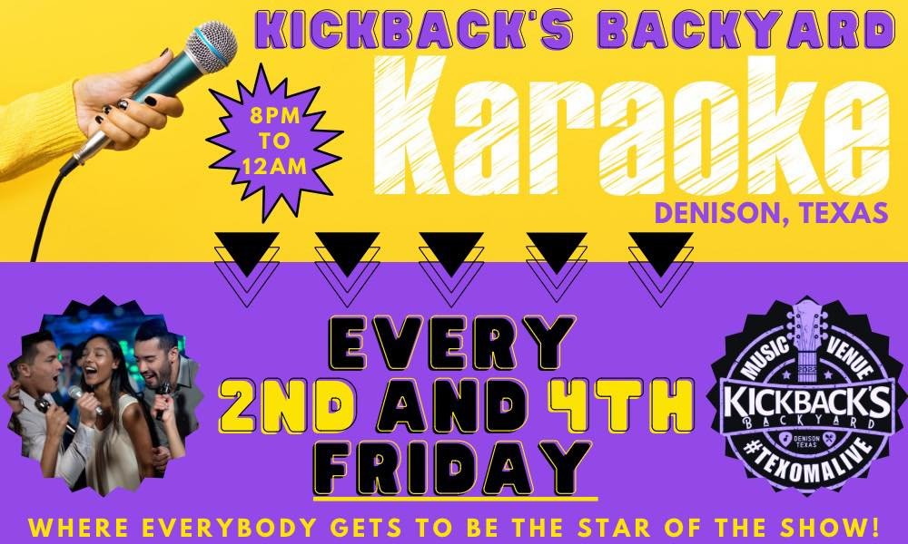 🎉 Happy #FriYAY! 🎙️ Party at @kickbacksbackyarddenison EVERY 2nd + 4th #FridayNight and sing KARAOKE w/ your friends! 🙌 🎶  8pm-12am 💛💜 Come meet our new #karaoke host TONIGHT 05/10 at Texoma&rsquo;s new favorite place to #kickback! 🎵🎤