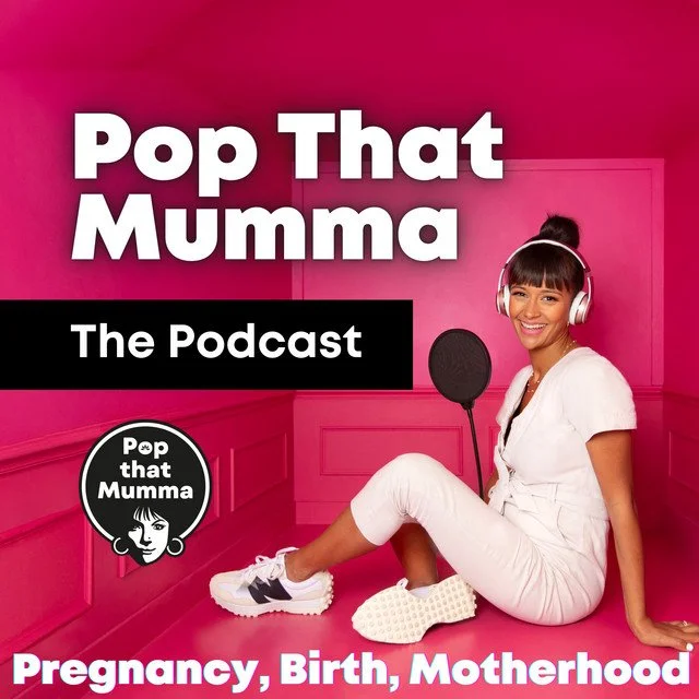 Cover Art for Pop That Mumma The Podcast. Poppy Child is sitting in a pink box with headphones and a microphone.