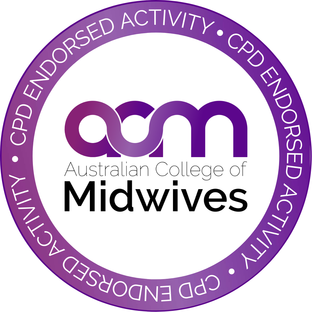 Circular logo with purple border featuring white text that reads 'CPD Endorsed Activity' and 'Australian College of Midwives'; center displays the acronym 'acm' in purple and black, with the words 'Australian College of Midwives' below.