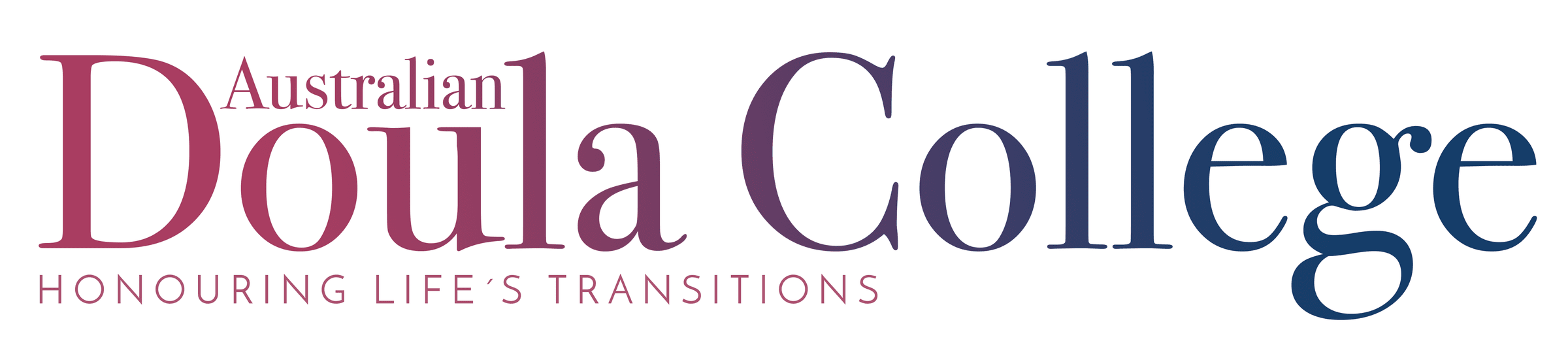 Australian Doula College Logo it is a gradient of red to blue text with the tagline "honouring life's transitions" underneath