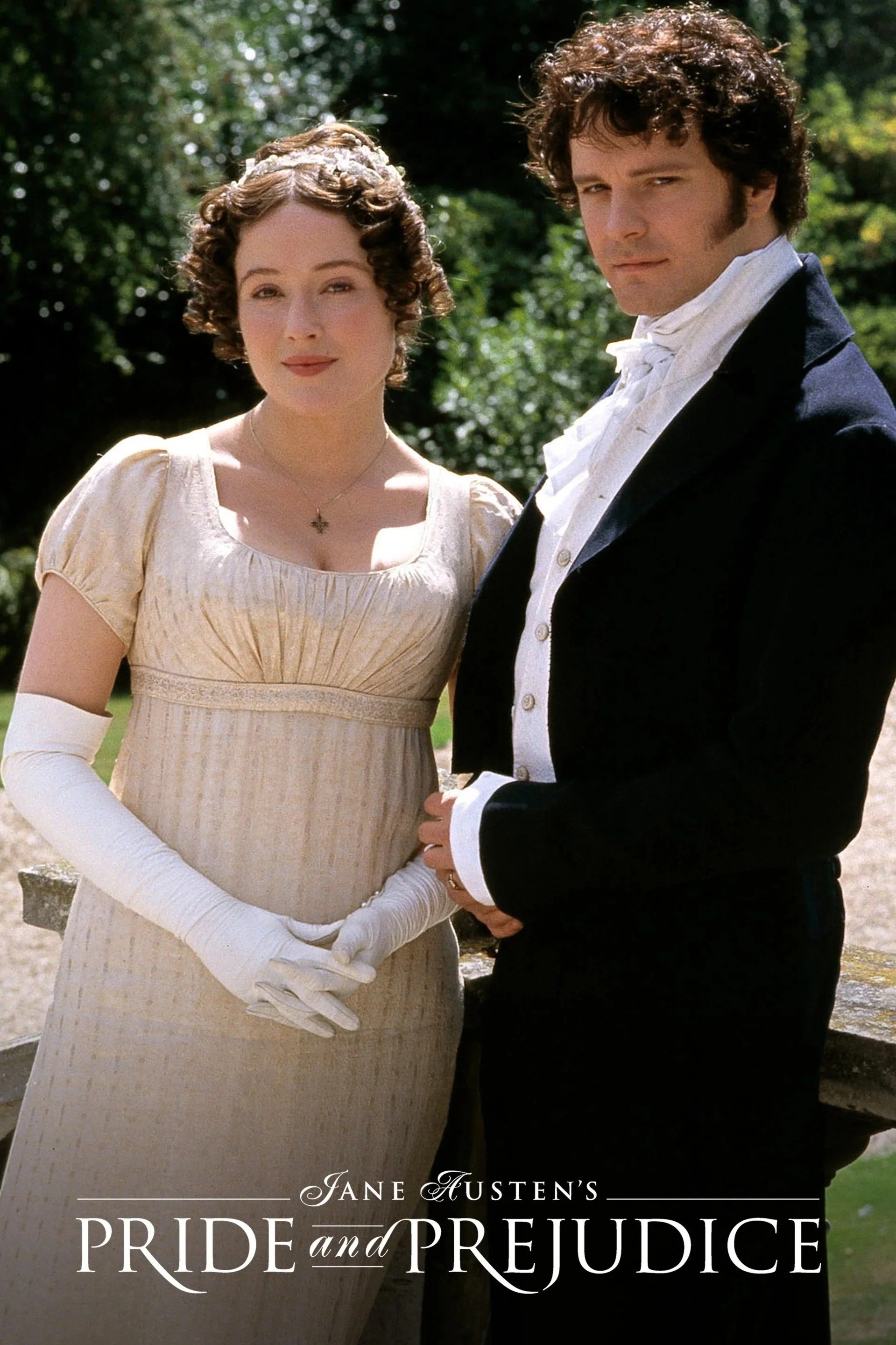 Jennifer Ehle as Elizabeth Bennet and Colin Firth as Mr. Darcy in the iconic 1995 BBC miniseries, capturing the classic Regency atmosphere