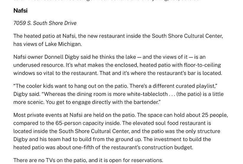 ✨🌟 A HUGE thank you to @crainschicago for the amazing feature on Nafsi South Shore Beach Restaurant! 🙌🍽️ We&rsquo;re beyond grateful for your support! 

Our spectacular outdoor patio is ready to welcome you all year round, and we can&rsquo;t wait 