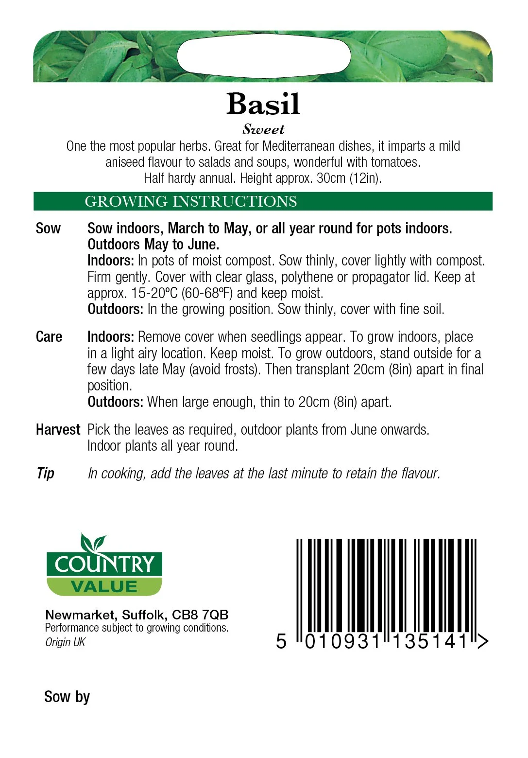 Basil (Sweet), Mr Fothergill's Country Value Seeds