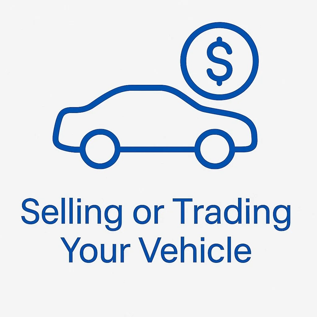 Blue car icon with dollar sign labeled “Selling or Trading Your Vehicle,” representing resale prep services — part of Cotton Soft Detailing’s target audience in Edmonton.
