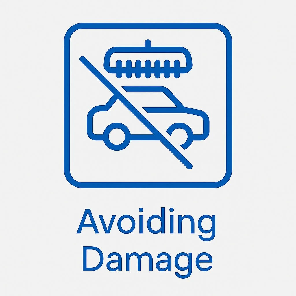 Sign with a car and a shopping cart above it, crossed out, and the text "Avoiding Damage" underneath.