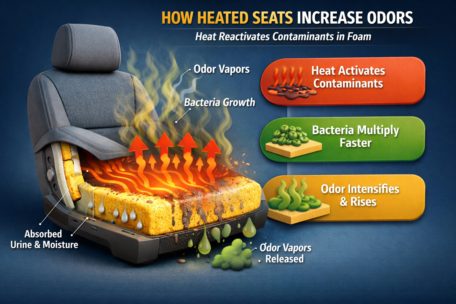 Diagram showing how heated car seats increase odors by reactivating contaminants in foam, with arrows illustrating heat activating contaminants, bacteria multiplying faster, odor intensifying and rising, and odor vapors being released, along with labels for absorbed urine and moisture, odor vapors, bacteria growth, and odor intensifies