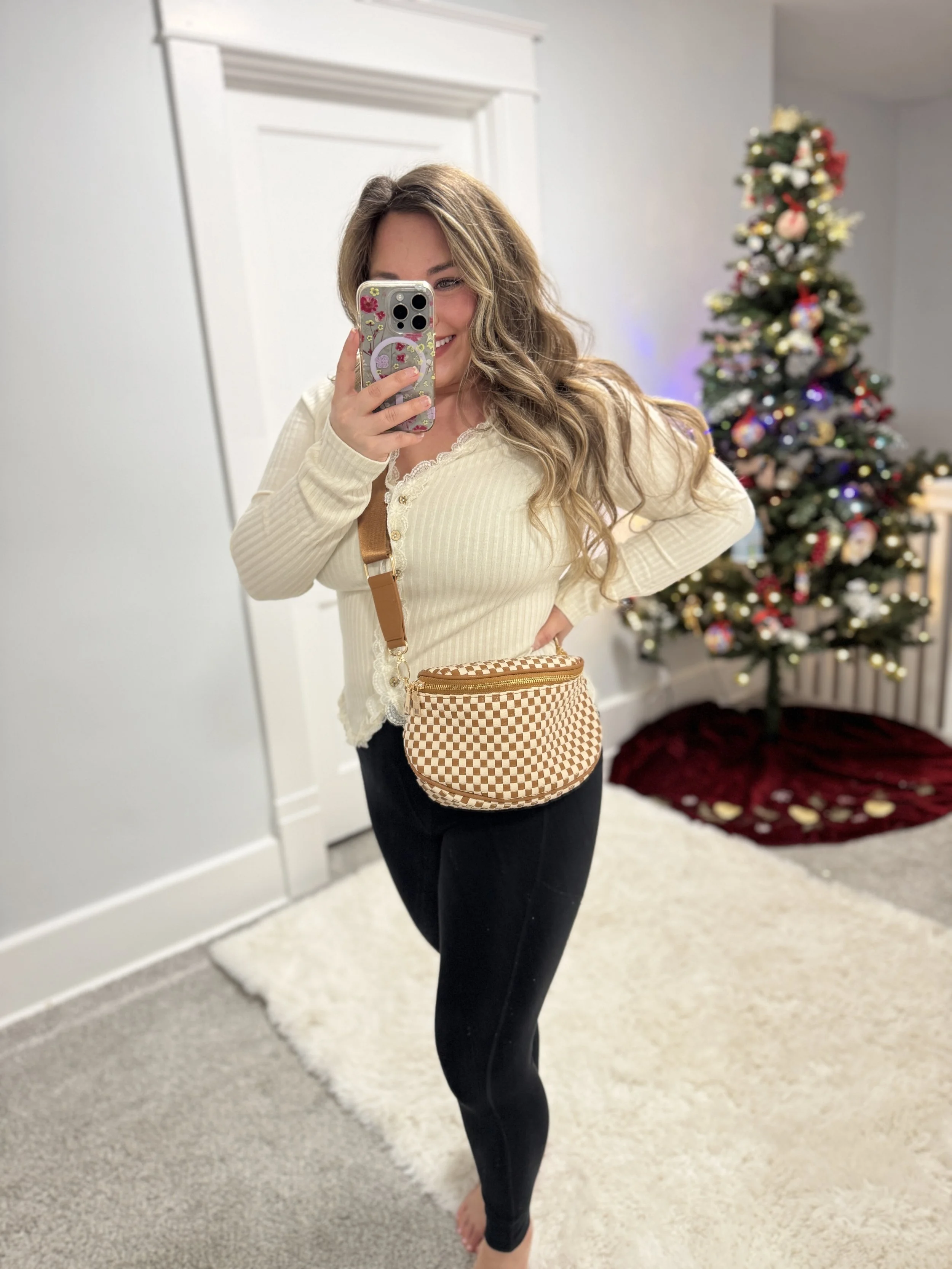 mocha checkered print crossbody