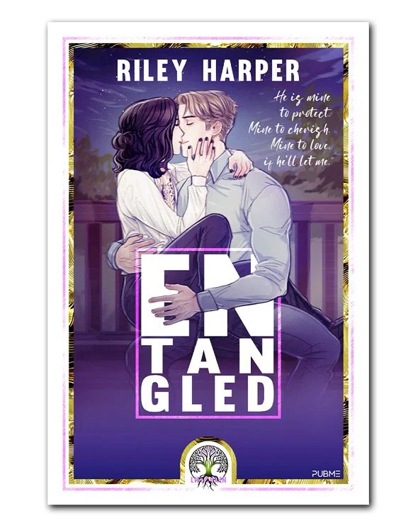 Book cover titled 'Enranged' by Riley Harper featuring an illustrated couple kissing outdoors during sunset. The woman has dark hair and is wearing a light-colored sweater, while the man has light hair and is dressed in a gray shirt. There is a quote on the cover that reads, 'He is mine to protect. Mine to cherish. Mine to love if he'll let me.'