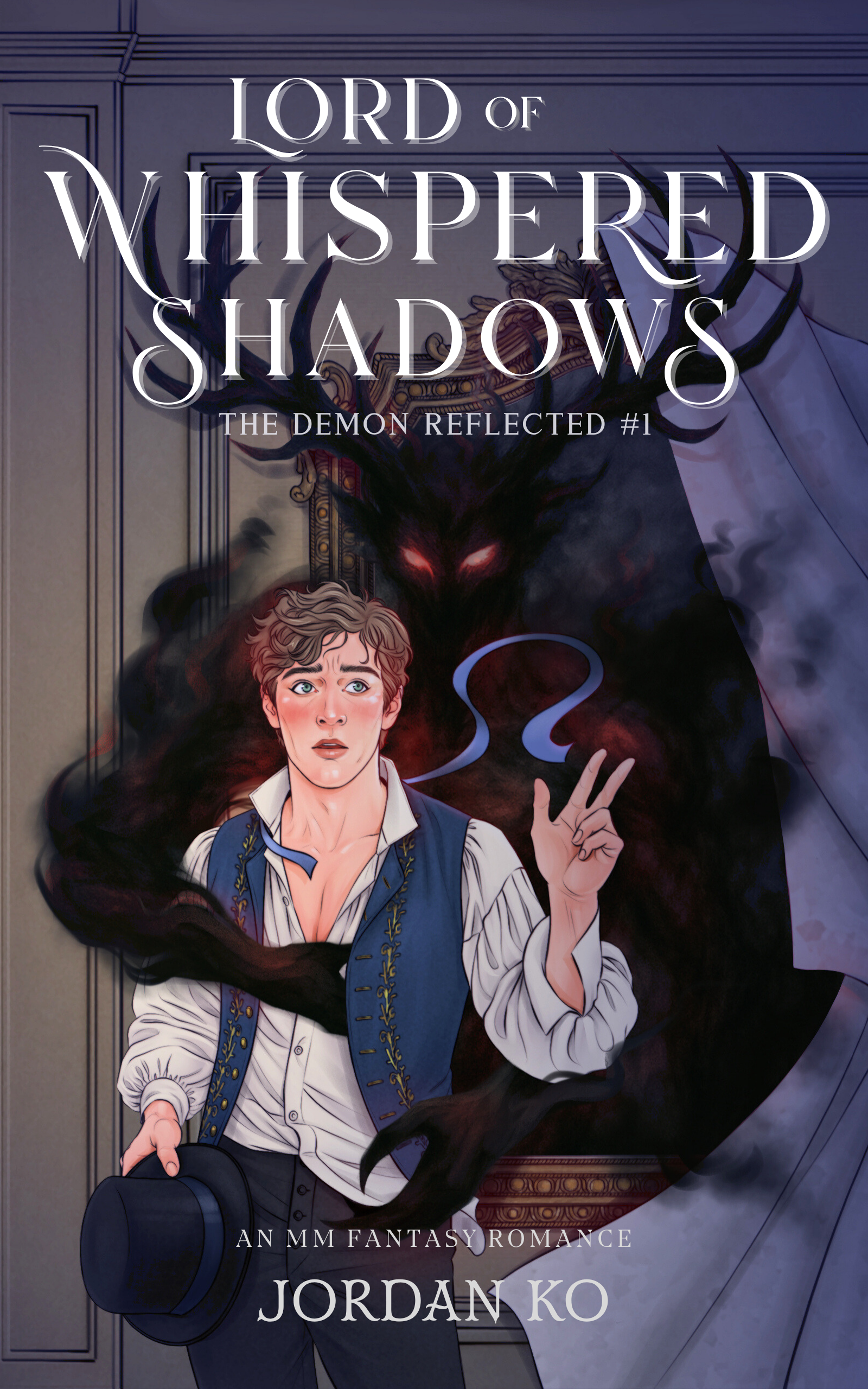 Book cover featuring a young man with curly hair, a white shirt, blue vest, and black pants, holding a black hat and gesturing with his right hand, with a dark, demonic figure with glowing red eyes and antlers in the background, set against a gray wall with ornate paneling.