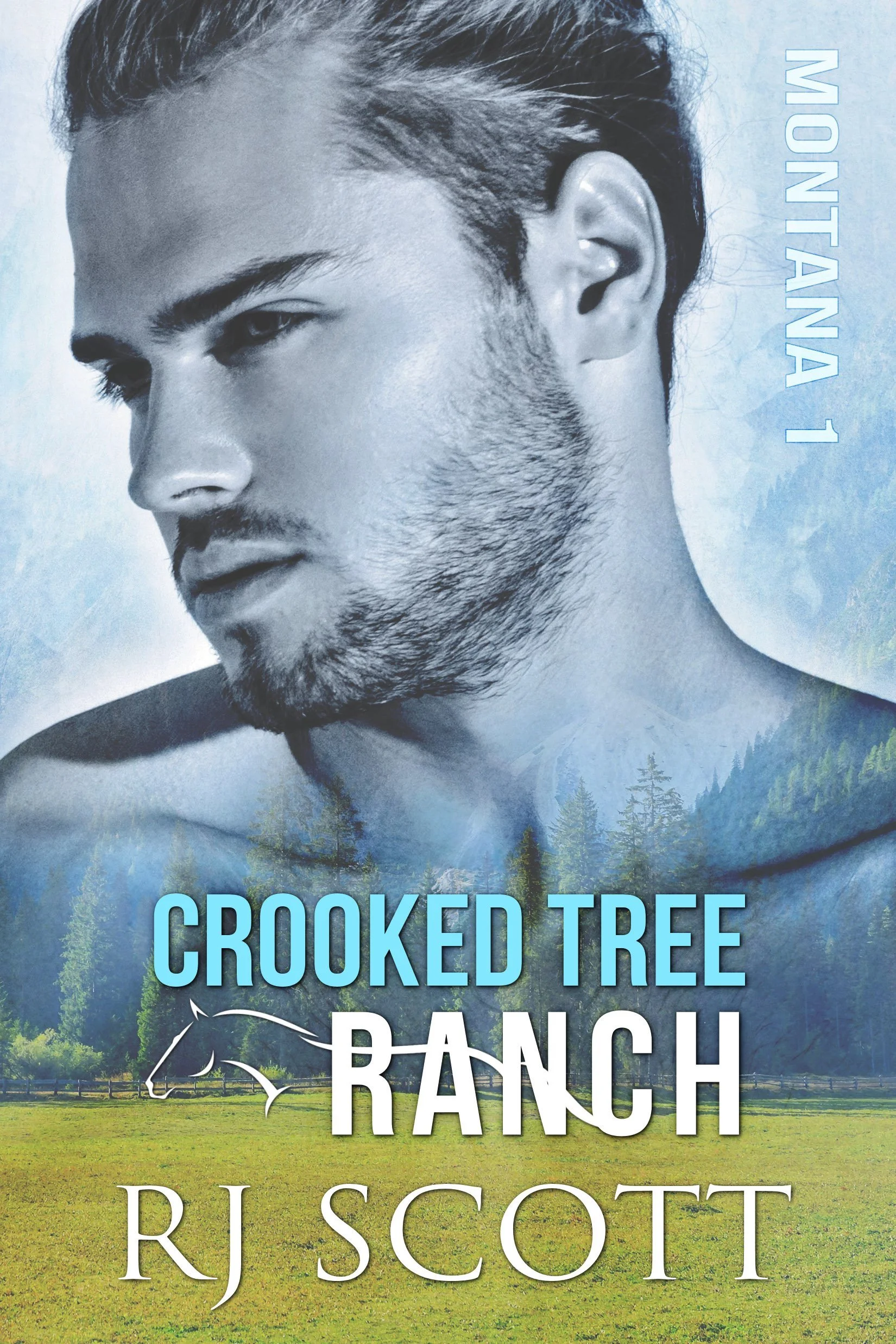 Book cover featuring a close-up, black-and-white portrait of a young man with short hair, a bit of facial hair, looking downward. In the background, there is a landscape with green pasture and a forest, and the sky is partly cloudy. The title reads 'Crooked Tree Ranch' by R.J. Scott, with the author’s name at the bottom.