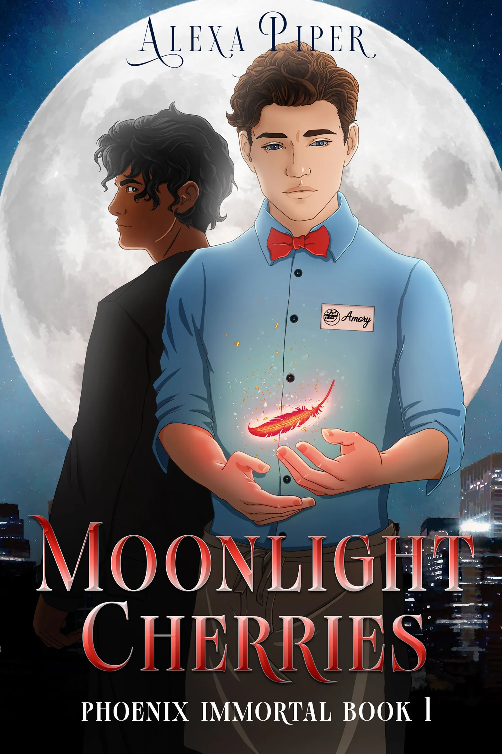 Cover of the book 'Moonlight Sherries' by Alexa Piper, featuring two young men, one with dark curly hair and darker skin, wearing a black jacket, and the other with light brown hair, fair skin, wearing a light blue shirt and a red bow tie, holding a glowing feather between their hands against a nighttime cityscape with a full moon in the background.