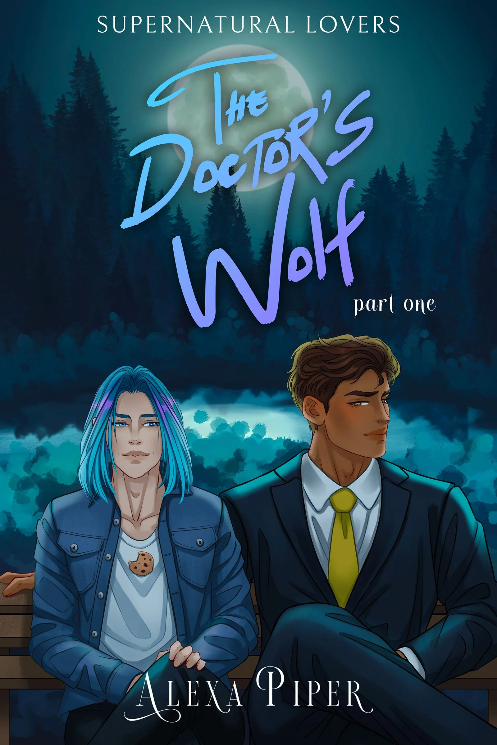 Cover of a book titled 'The Doctor's Wolf' by Alexa Piper, featuring a young woman with blue hair and a young man with brown hair sitting on a park bench with a forest and moon in the background.