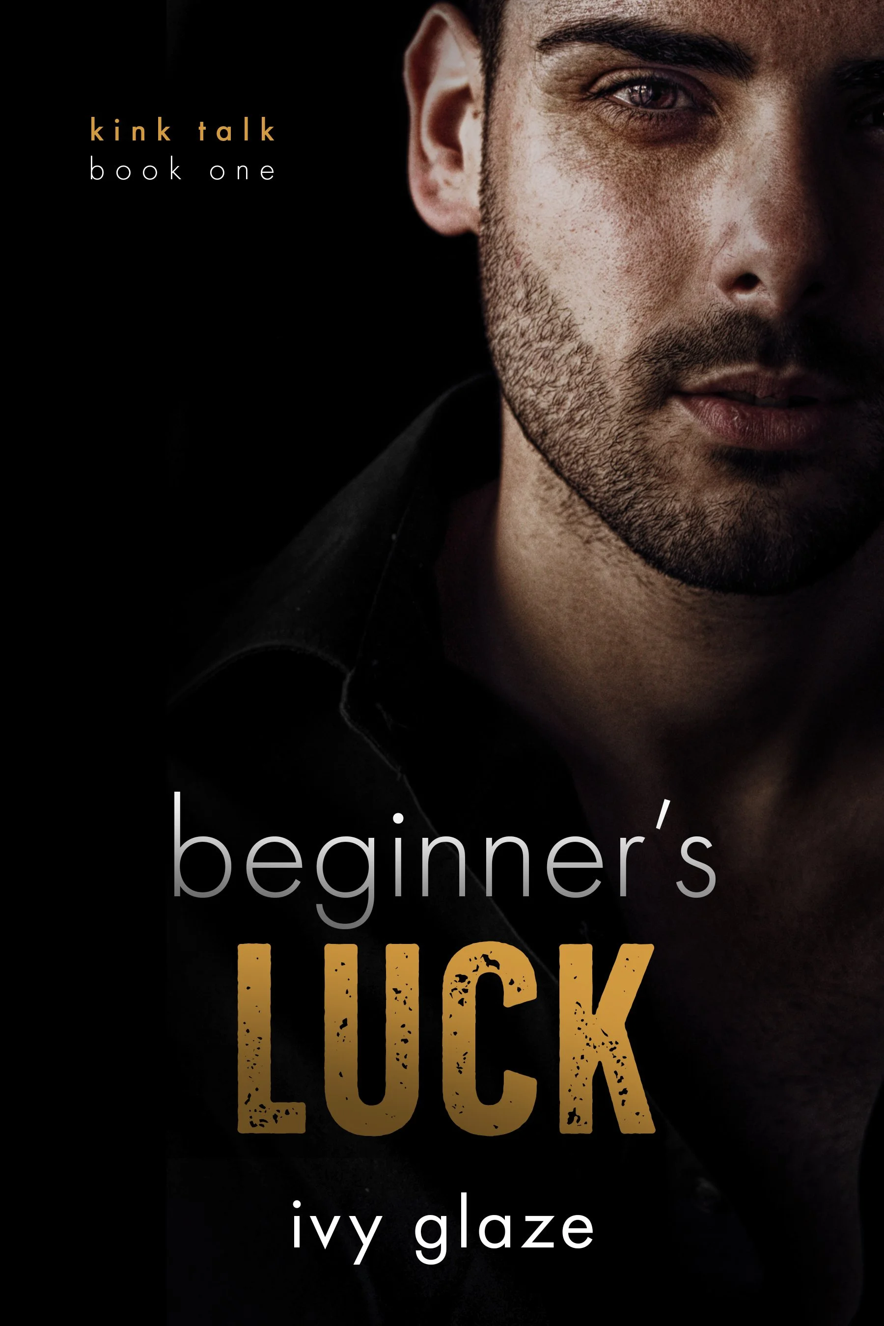 Close-up of a man with dark hair and a beard, looking at the camera against a black background. The text overlay reads 'kink talk book one' and 'beginner's quick look' with the author's name, Ivy Glaze.