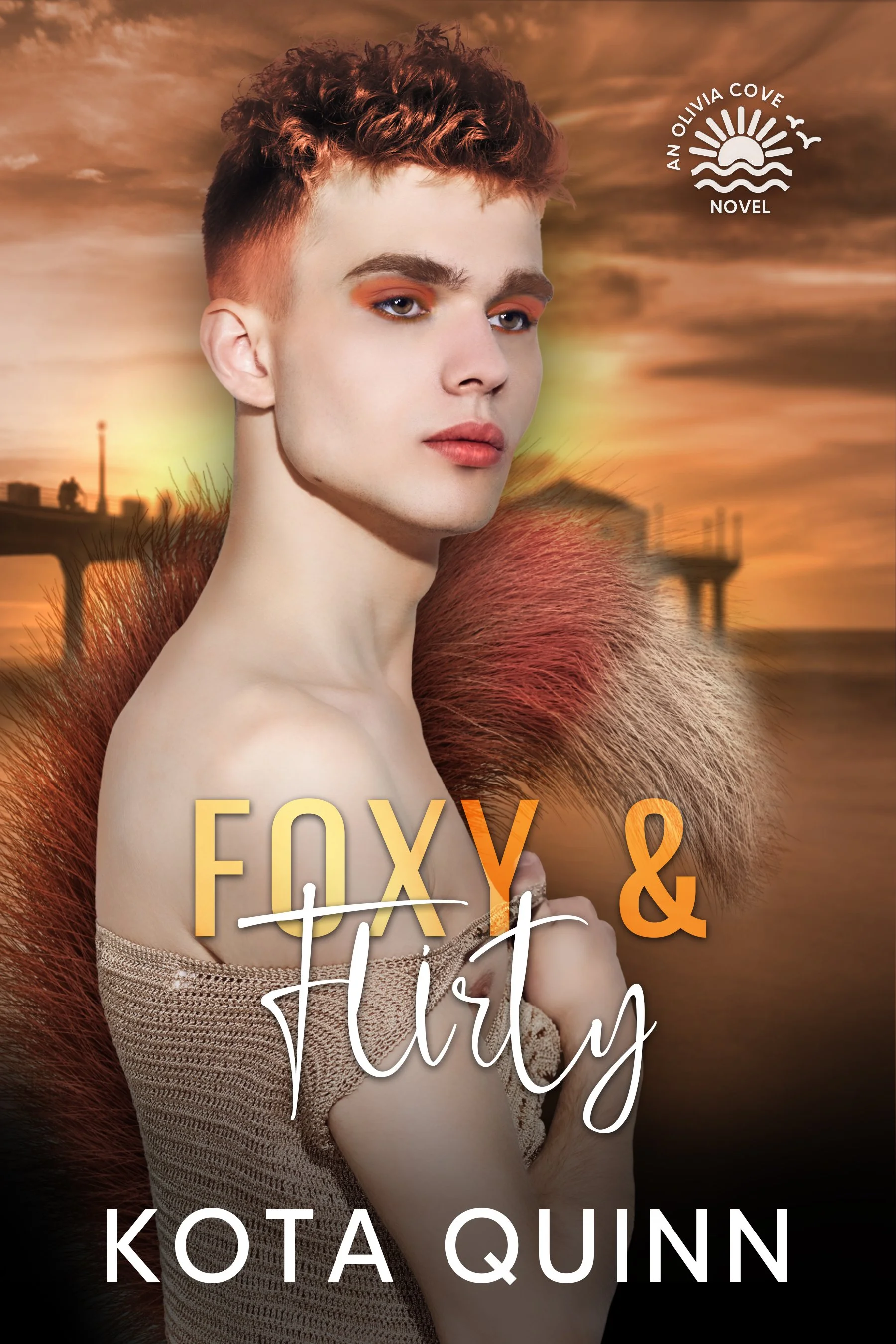 Cover image of a novel titled "A Fox, a List" by Kota Quinn, featuring a close-up of a young person with short curly hair, wearing a sleeveless, textured top, set against a sunset with bridge silhouette in the background.
