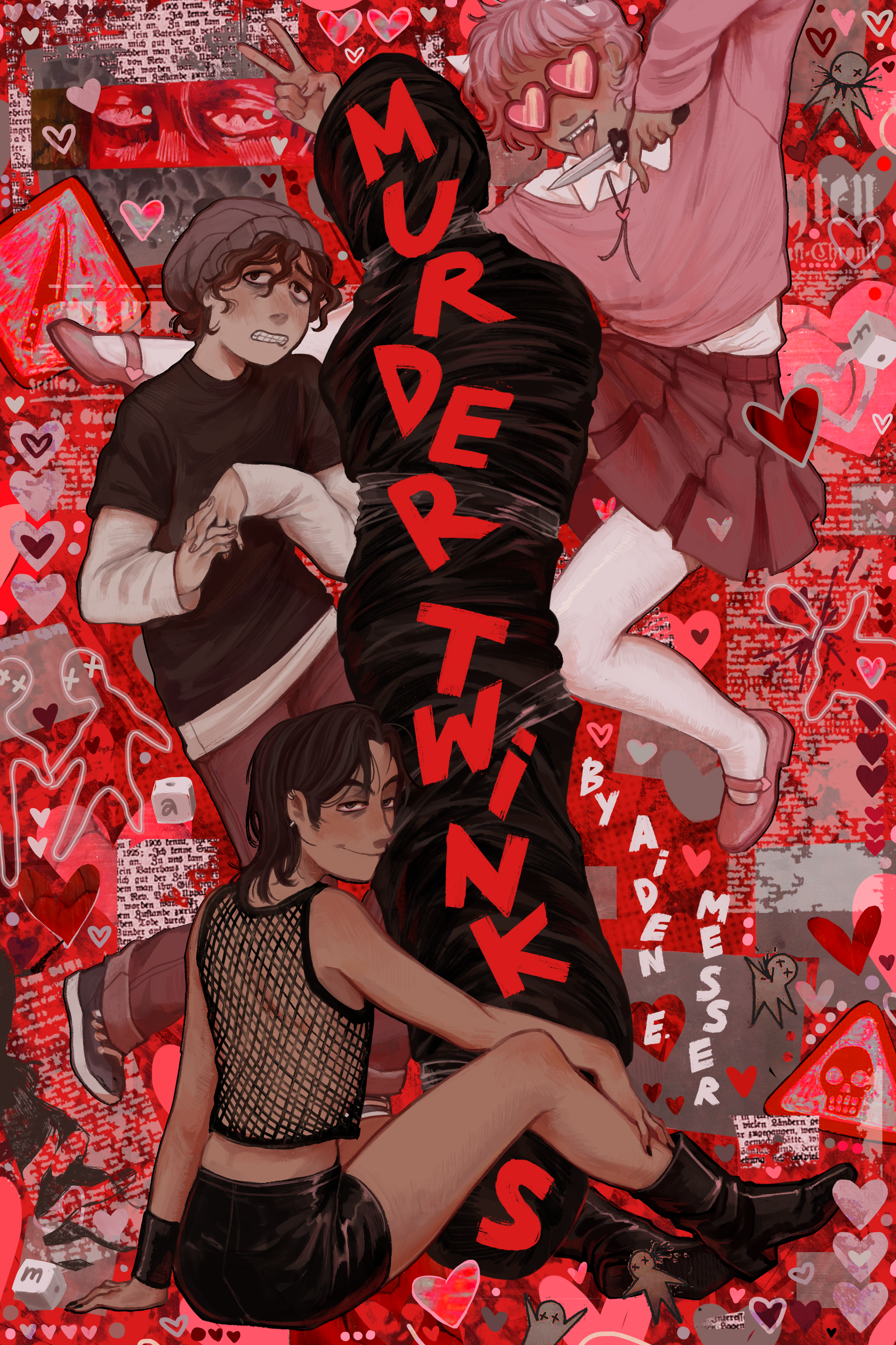A digital artwork of four illustrated young women with hearts and love-themed background elements. The central figure is a woman in a fishnet top and black shorts, smiling and striking a confident pose. The others are depicted with varied expressions, surrounded by love symbols, text, and decorative graphics, creating a romantic and playful atmosphere.