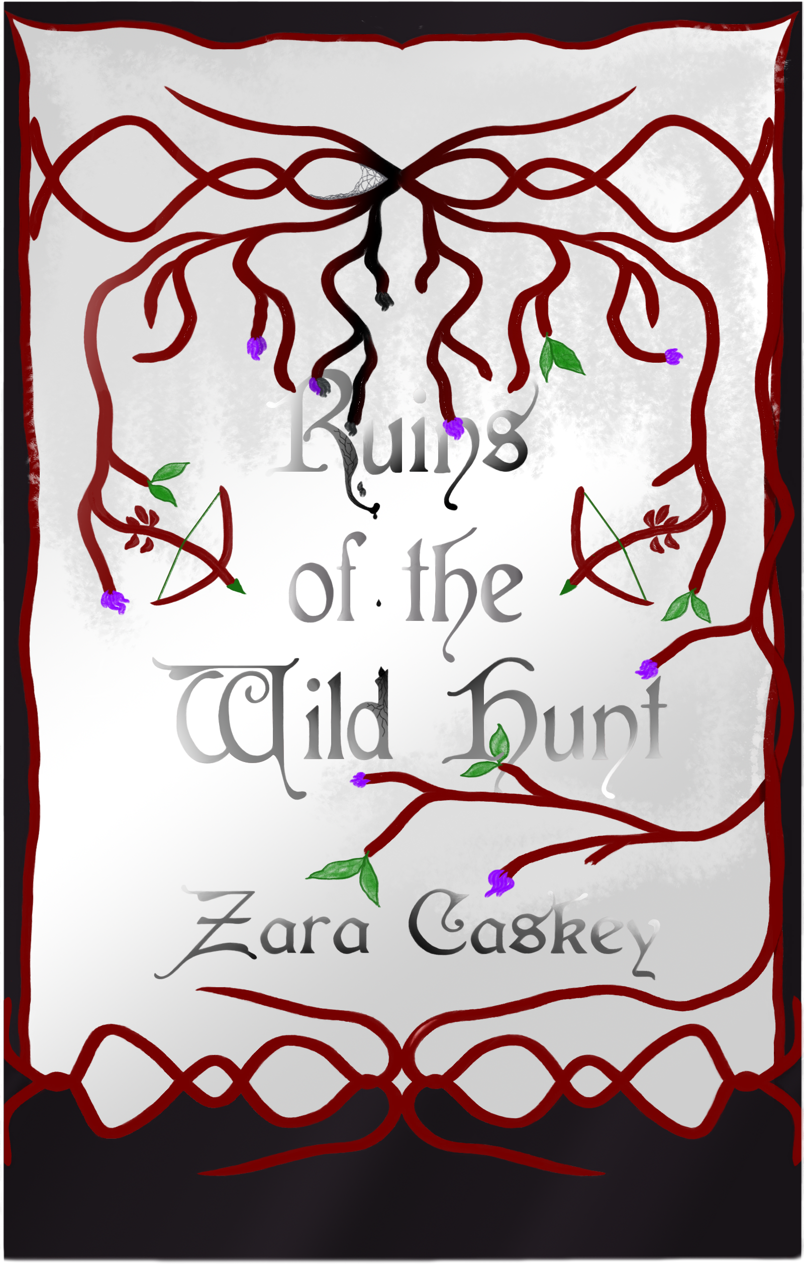 Book cover titled 'Rings of the Wild Hunt' by Zara Caskey, featuring an illustration of red, tangled branches with green leaves and purple flowers against a dark background.