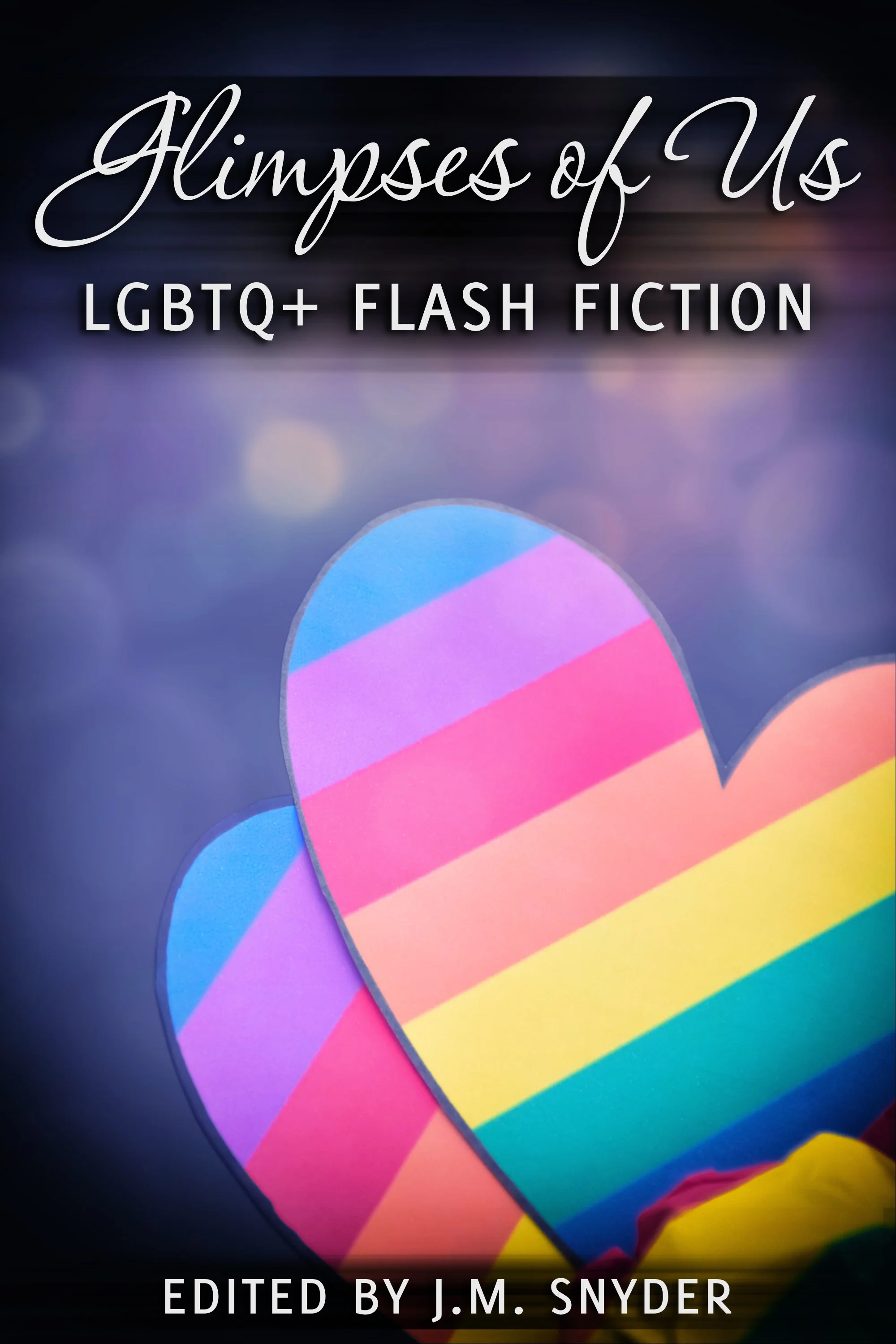 Book cover titled 'Himpsess of Us' with subtitle 'LGBTQ+ Flash Fiction' and edited by J.M. Snyder, featuring a colorful, abstract background with rainbow stripes.