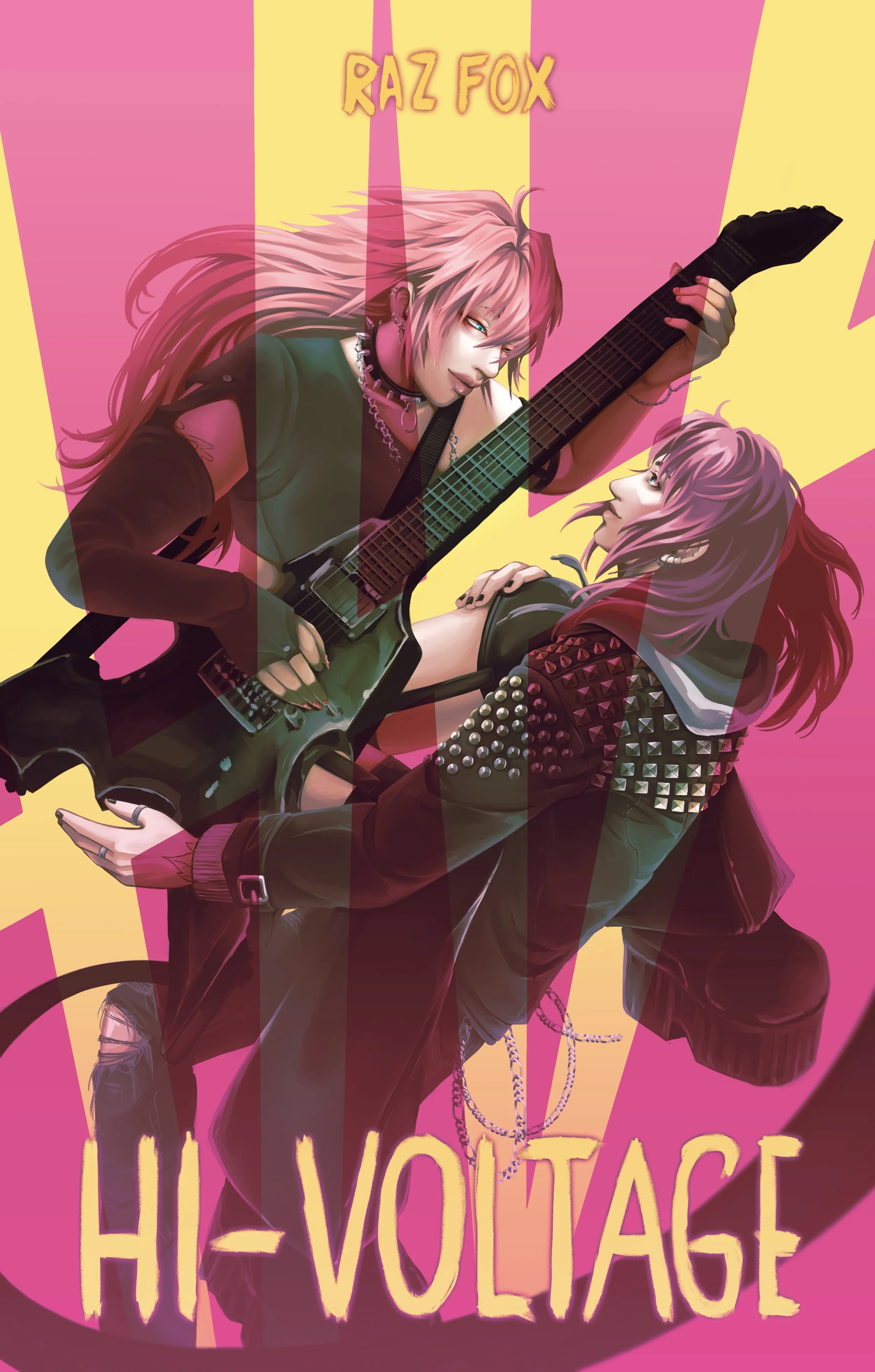 Anime-style illustration of two female characters with pink hair, one holding an electric guitar, set against a colorful pink, yellow, and orange background with text 'RAZ FOX' at the top and 'HI-VOLTAGE' at the bottom.