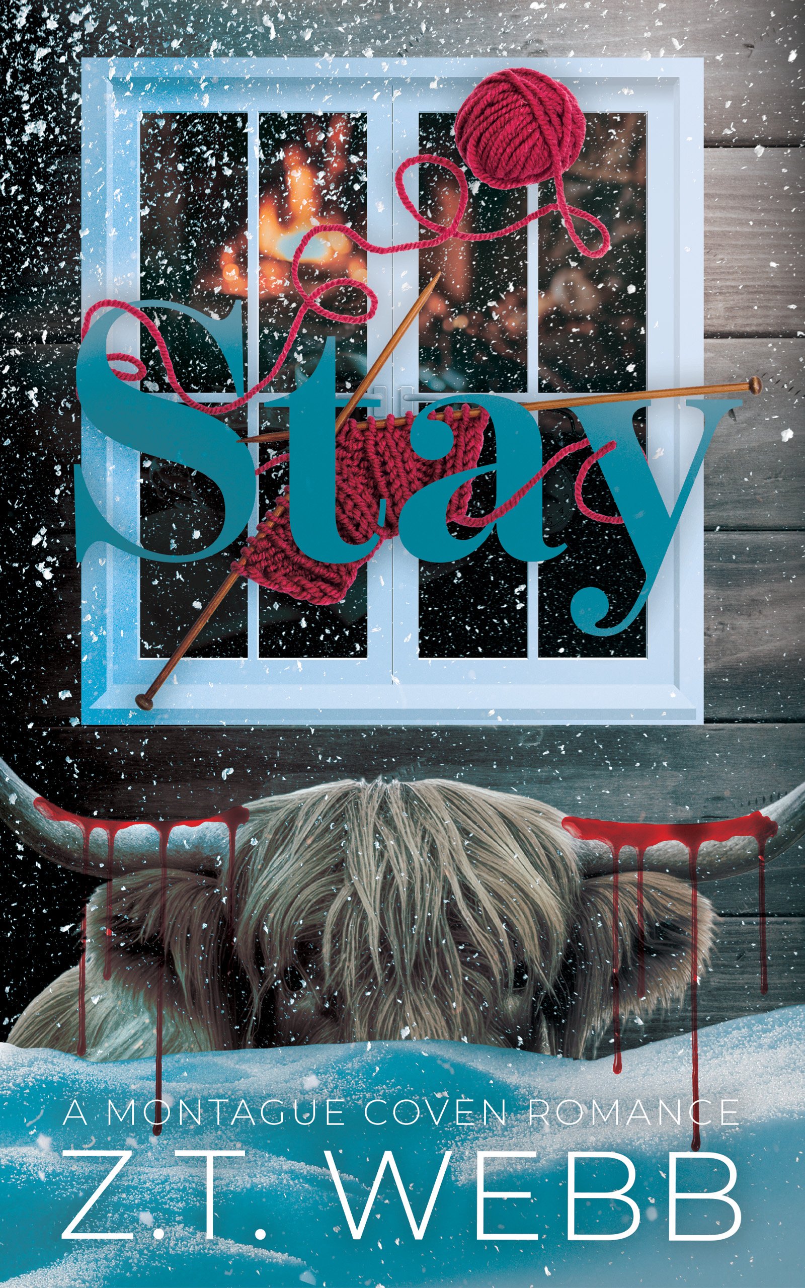 Book cover for 'Stacy' by Z. T. Webb, featuring a snowy scene with a dog, a window, knitting yarn, and knitting needles, with the title overlaid.