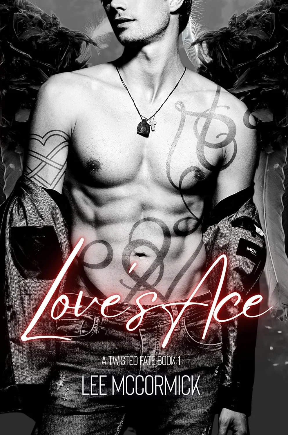 Book cover titled 'Love's Ace' by Lee McCormick, featuring a black and white photo of a shirtless man with tattoos and a cross necklace, with the author's name at the bottom.