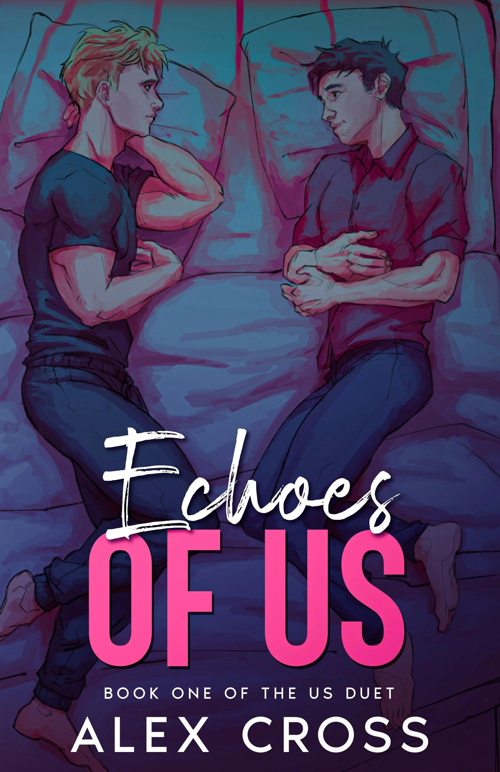 Illustration of two young men lying on beds, facing each other and talking, with the book title 'Echoes of Us' by Alex Cross overlaid at the bottom.