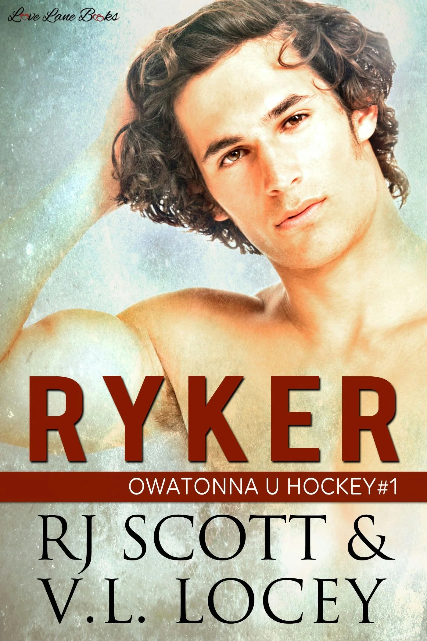 Book cover featuring a shirtless young man with wavy dark hair, looking directly at the camera, with the title 'Ryker' and author names R.J. Scott and V.L. Locey.