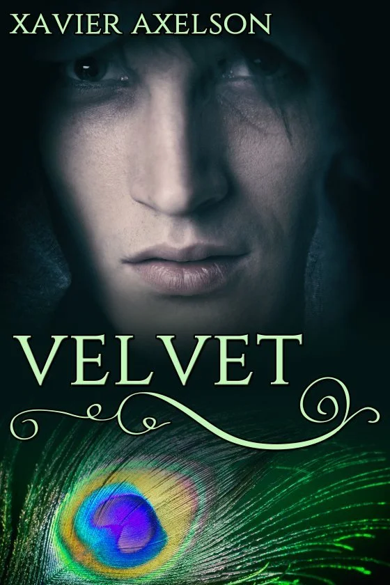 Close-up of a person's face with intense eyes, partially shrouded in shadows, with the title 'Velvet' and the author's name 'Xavier Axelson' at the top. The lower part features a vibrant peacock feather.