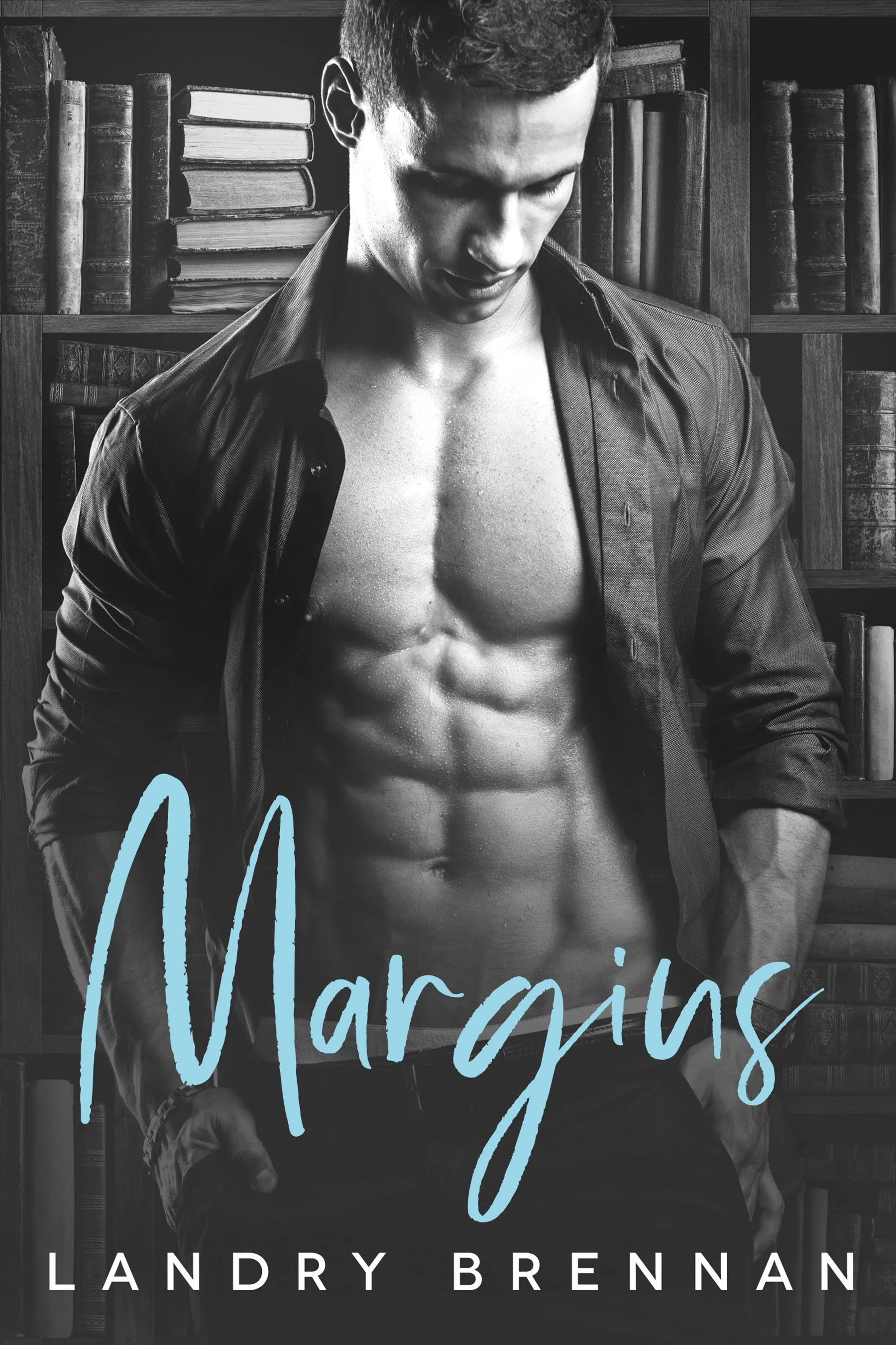 Book cover featuring a shirtless man with defined abs, wearing an open casual shirt, standing in front of bookshelves. The title 'Margins' is written in large, blue cursive text, and the author's name, Landry Brennan, appears at the bottom.