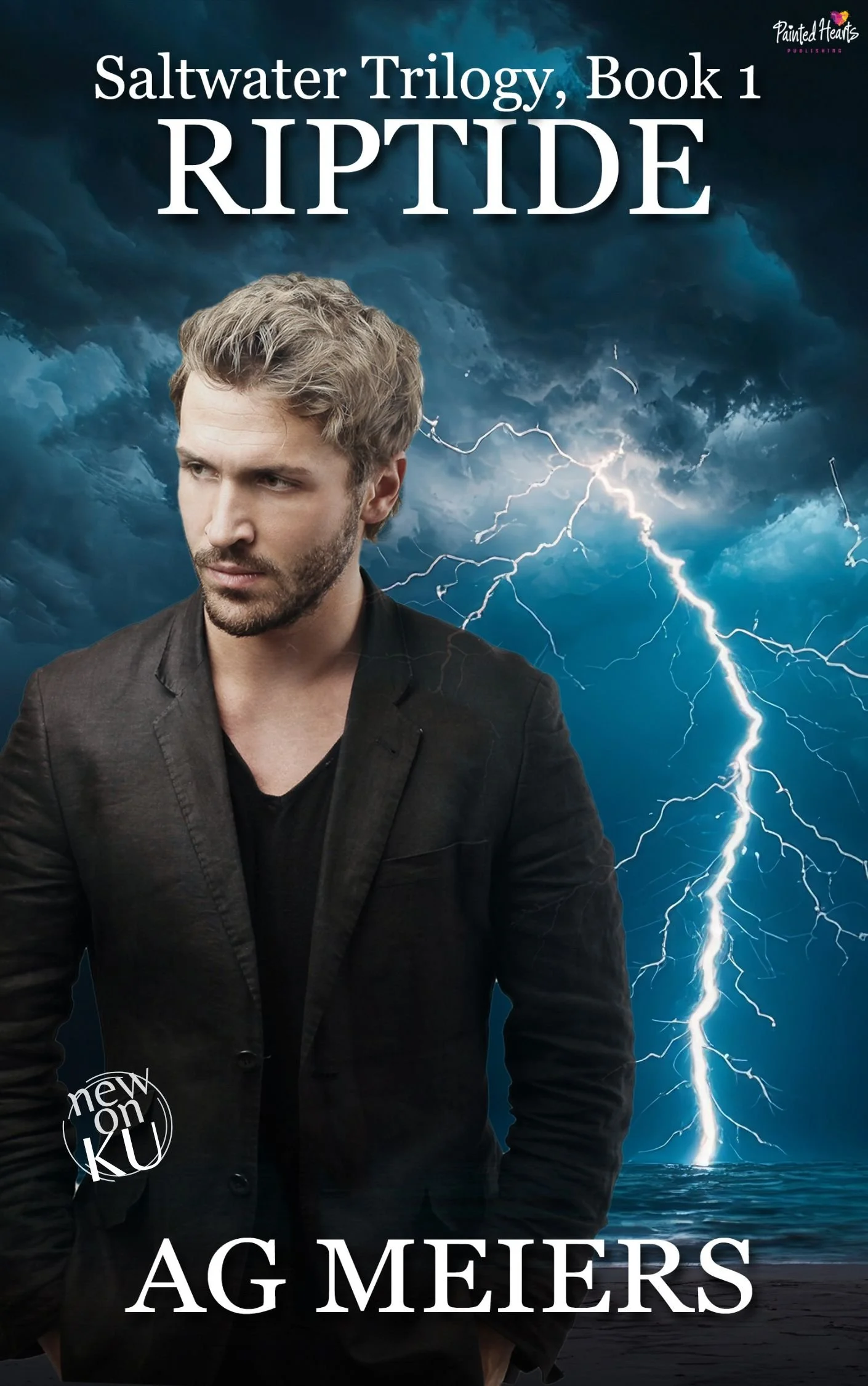 Book cover for 'Riptide,' part of the Saltwater Trilogy by AG Meiers. Features a man with wavy blonde hair and a beard, wearing a black blazer, against a stormy sky with lightning over the ocean.