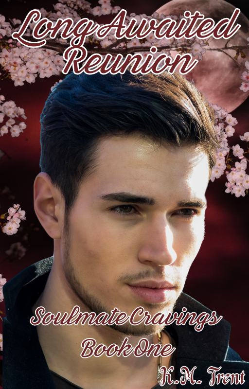 Book cover titled "Long Awaited Reunion" features a young man with dark hair, a serious expression, and a background of cherry blossoms, a full moon, and a dark red sky.