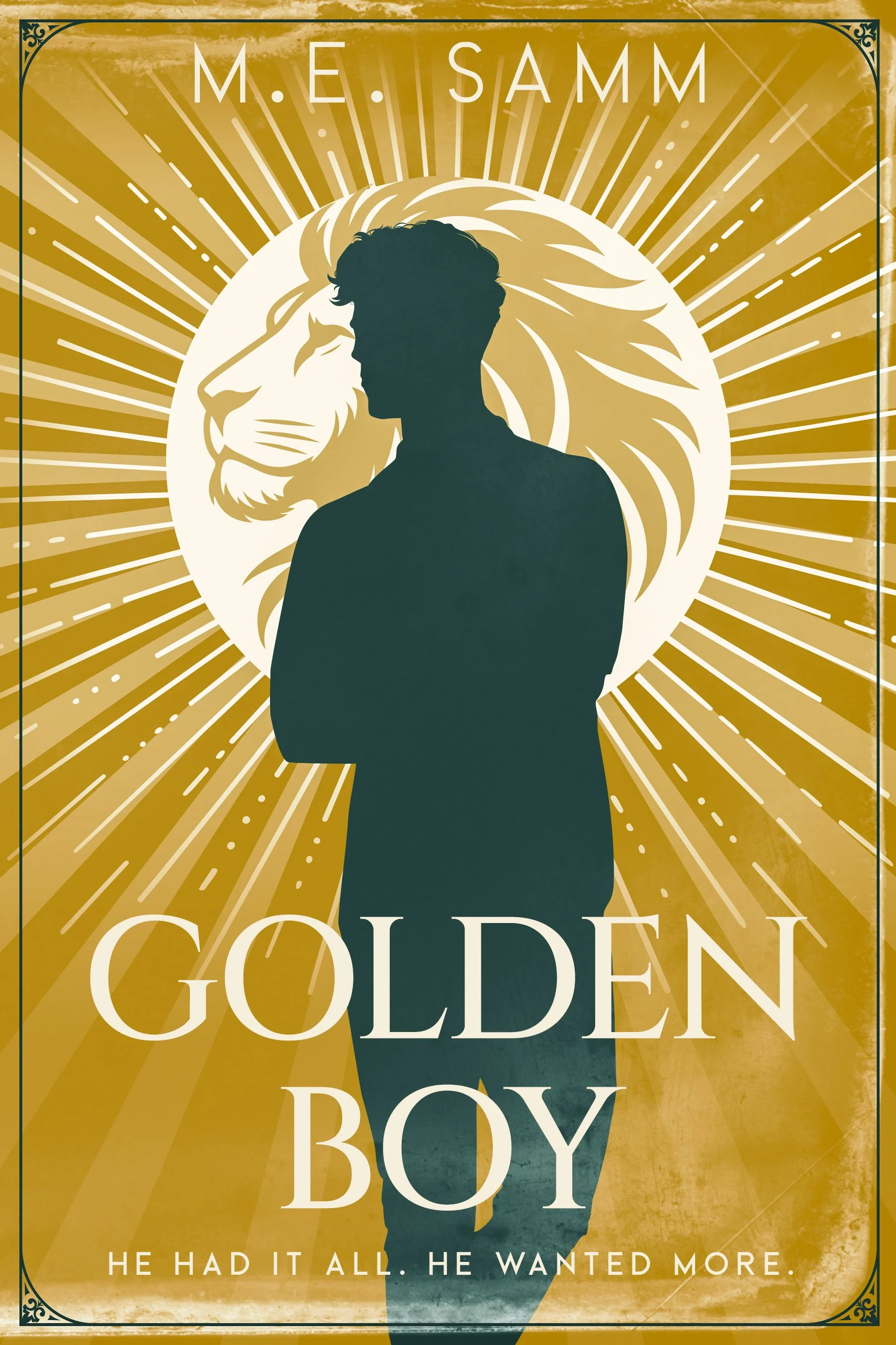 Book cover for 'Golden Boy' by M.E. Samm featuring a silhouette of a young man with a lion's profile in the background, with golden rays radiating outwards.