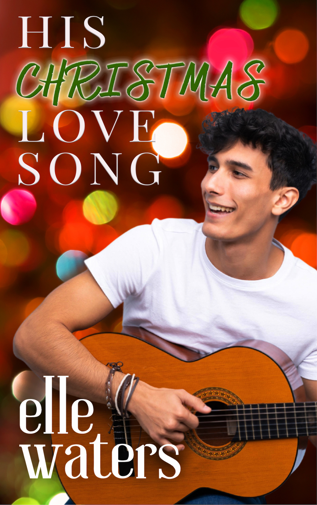A young man with curly black hair wearing a white t-shirt, holding an acoustic guitar, smiling, with a blurry background of colorful Christmas lights. Overlaid text reads "HIS CHRISTMAS LOVE SONG" and "people, waters."