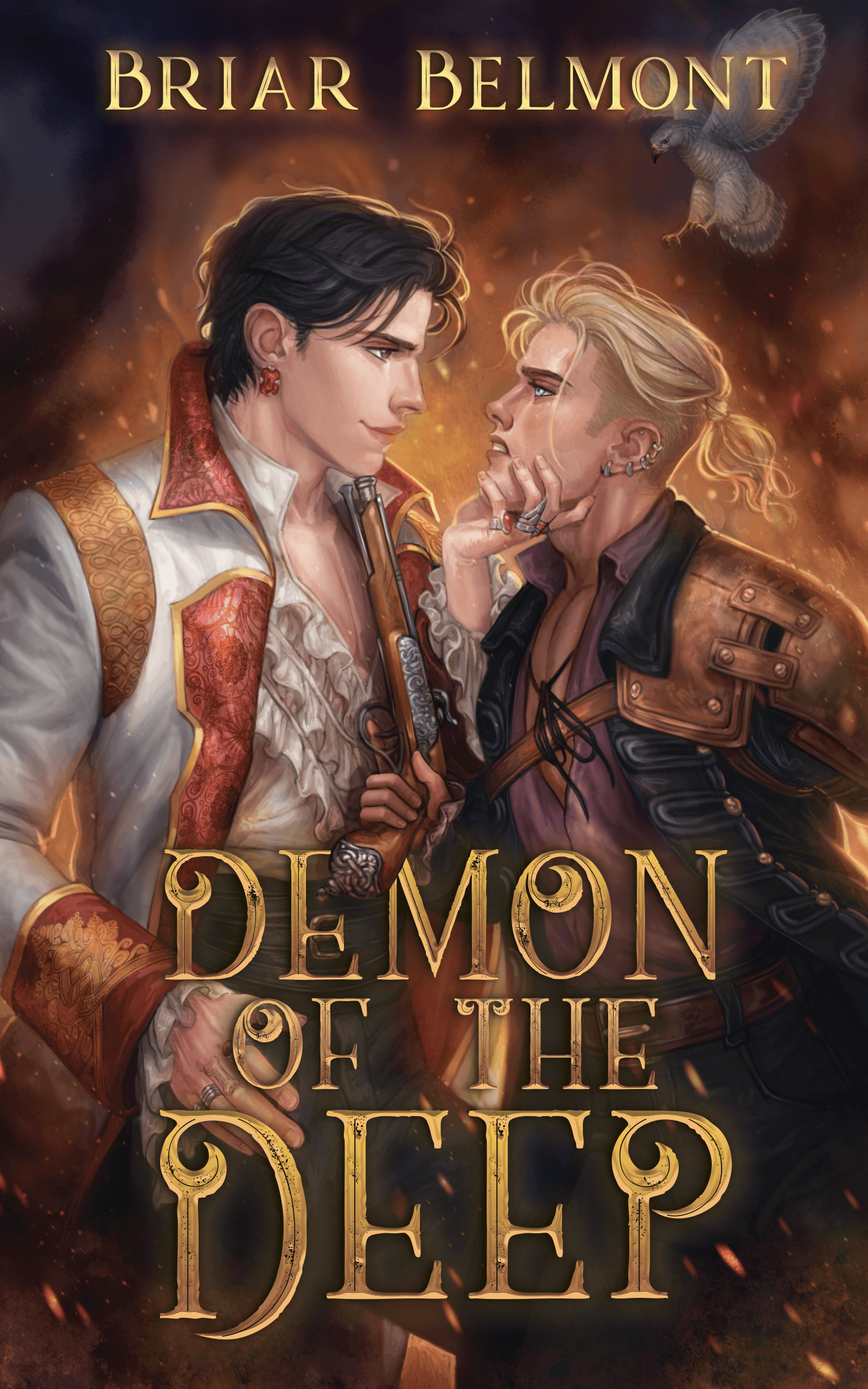 Artwork showing two men in an intense face-to-face confrontation. One has dark hair and wears a red and gold embroidered jacket, holding a pistol, while the other has blonde hair, multiple earrings, and wears a brown leather jacket. A hawk is flying above them. The title 'Demon of the Deep' is displayed at the bottom in large ornate gold letters, and the author's name, Briar Belmont, is at the top.