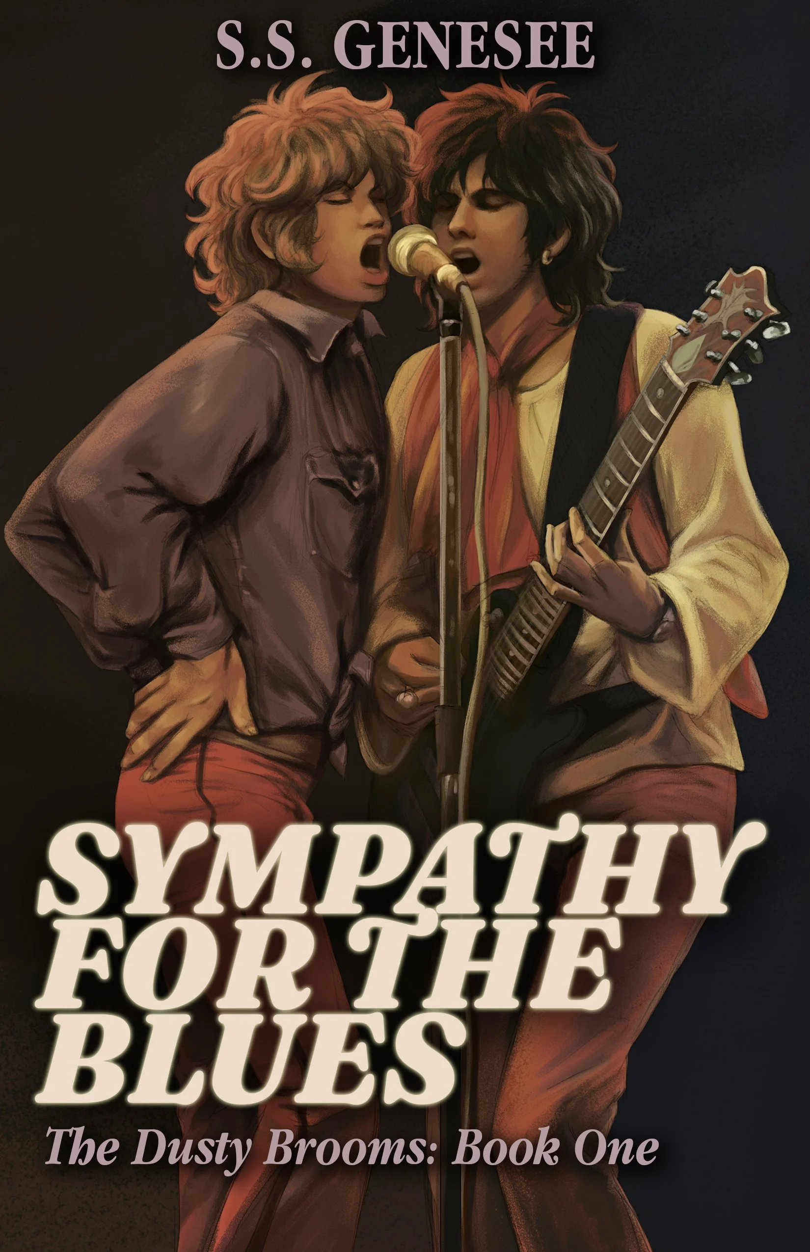 Book cover titled "Sympathy for the Blues," featuring two women with wavy hair singing into a microphone, one holding an electric guitar. The subtitle reads "The Dusty Brooms: Book One."