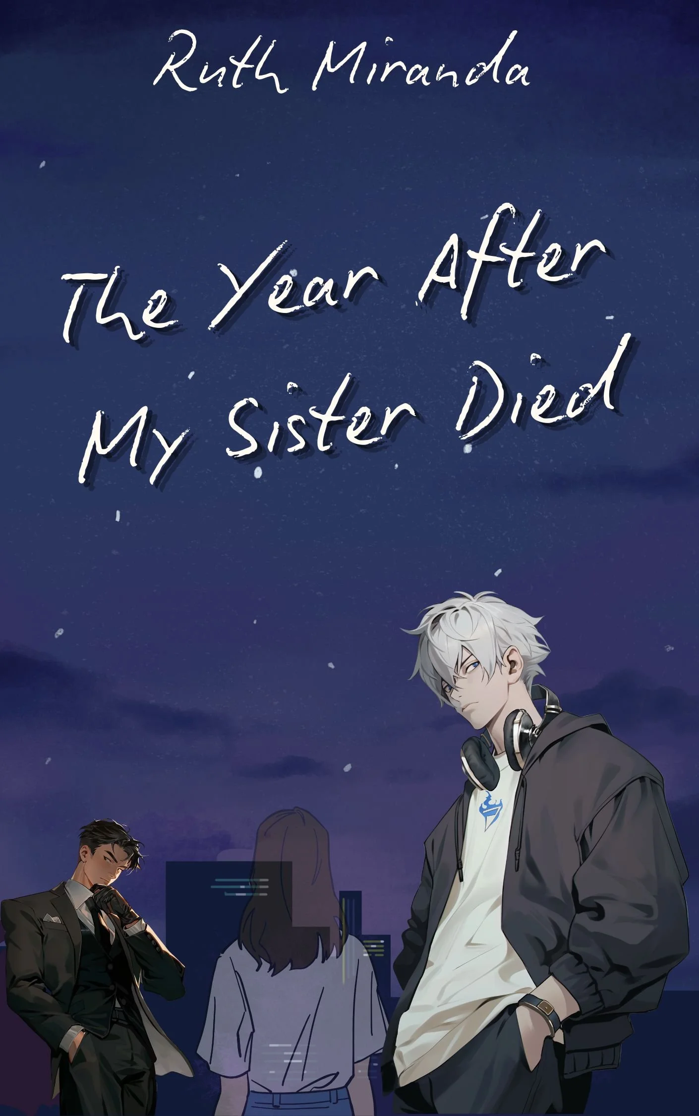 Illustration from the story 'The Year After My Sister Died' by Ruth Miranda. Features a somber scene with a boy with silver hair and headphones, and other characters in the background, against a starry night sky.