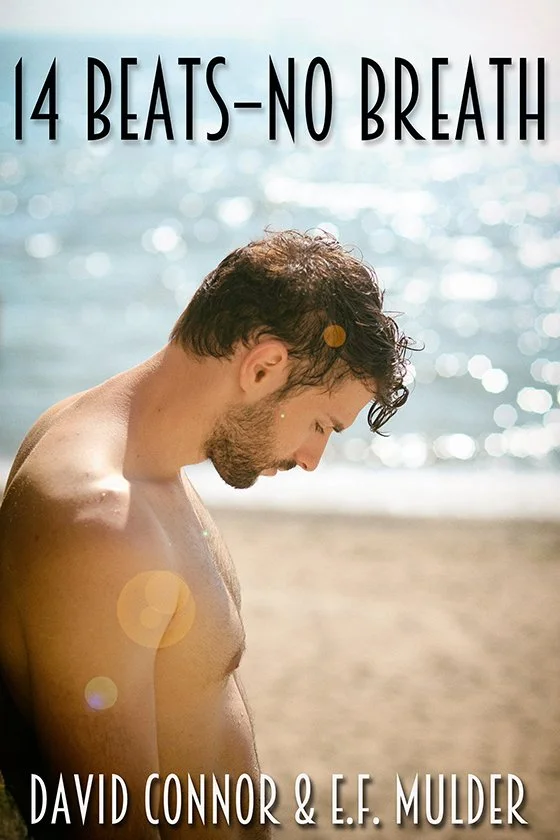 A man with short curly hair and a beard looking downwards, standing on a beach with the ocean in the background. The sun creates lens flare effects. The text says, '14 Beats-No Breath' and 'David Connor & E.F. Mulder'.