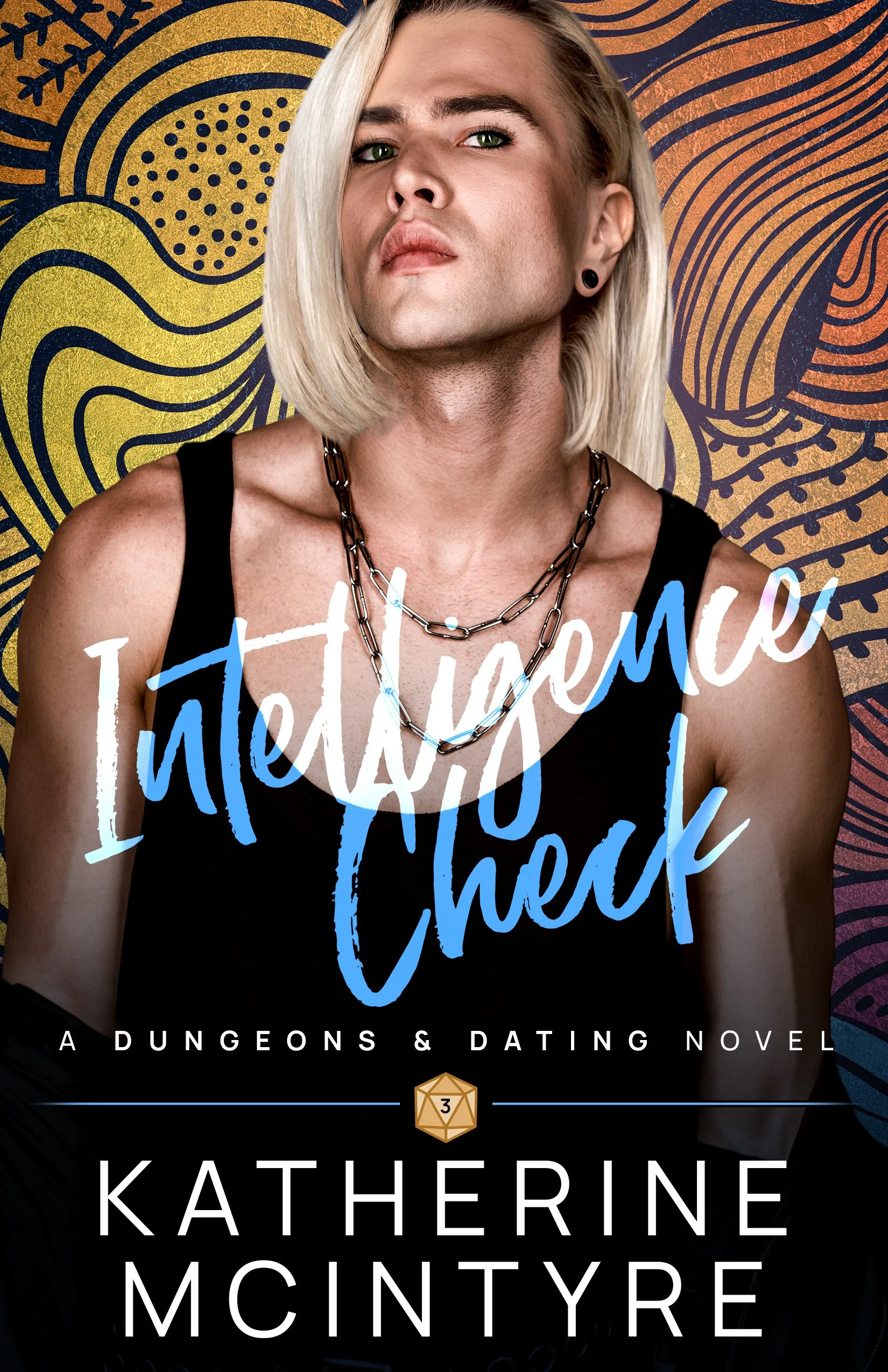 Book cover featuring a woman with platinum blonde hair and green eyes, wearing black tank top and layered necklaces, with a colorful, abstract background and the title 'You Never Ask Me'.