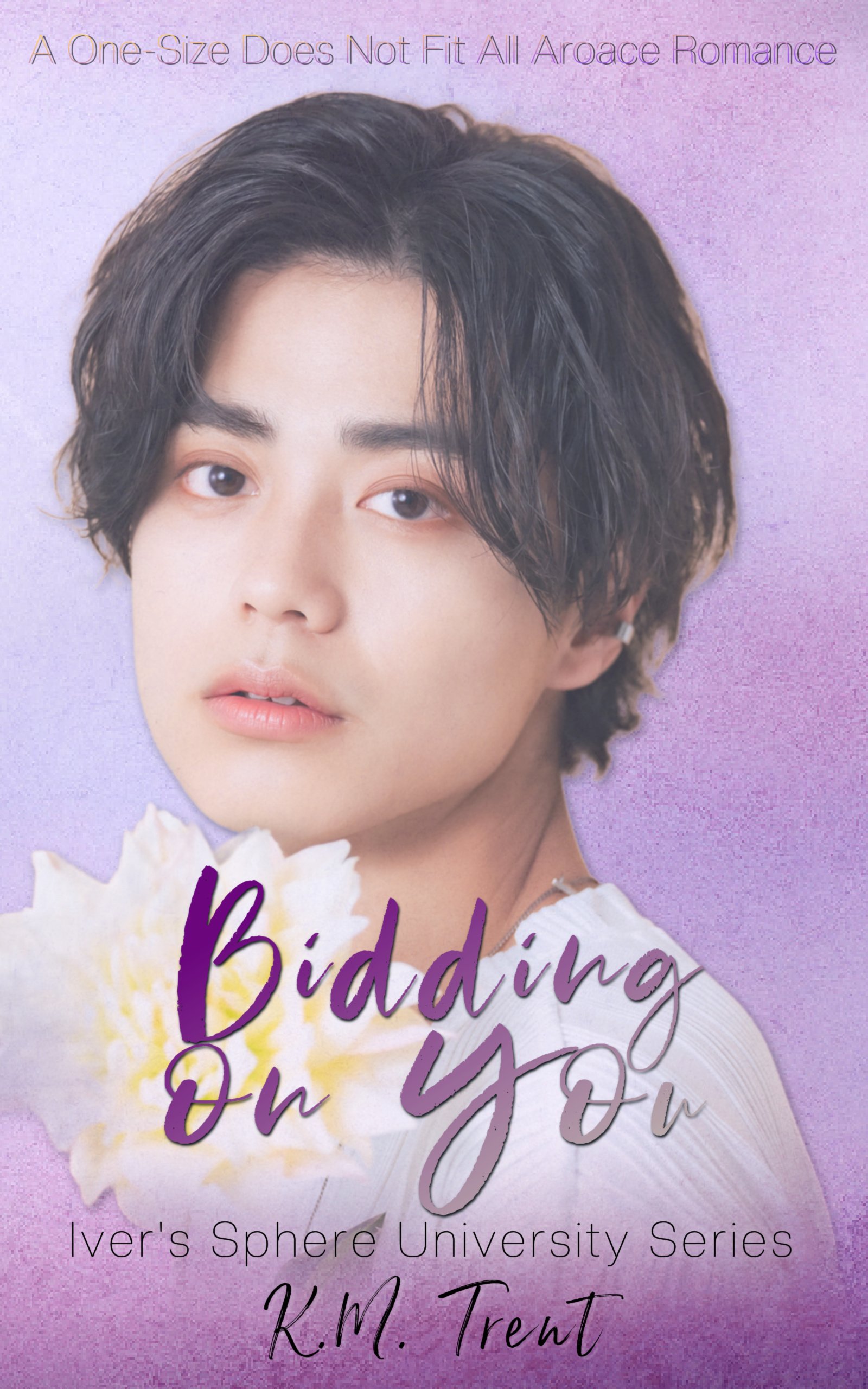Close-up photo of a young woman with short wavy dark hair, light skin, looking directly at the camera, with purple and pink background. Contains text about a book title and author.