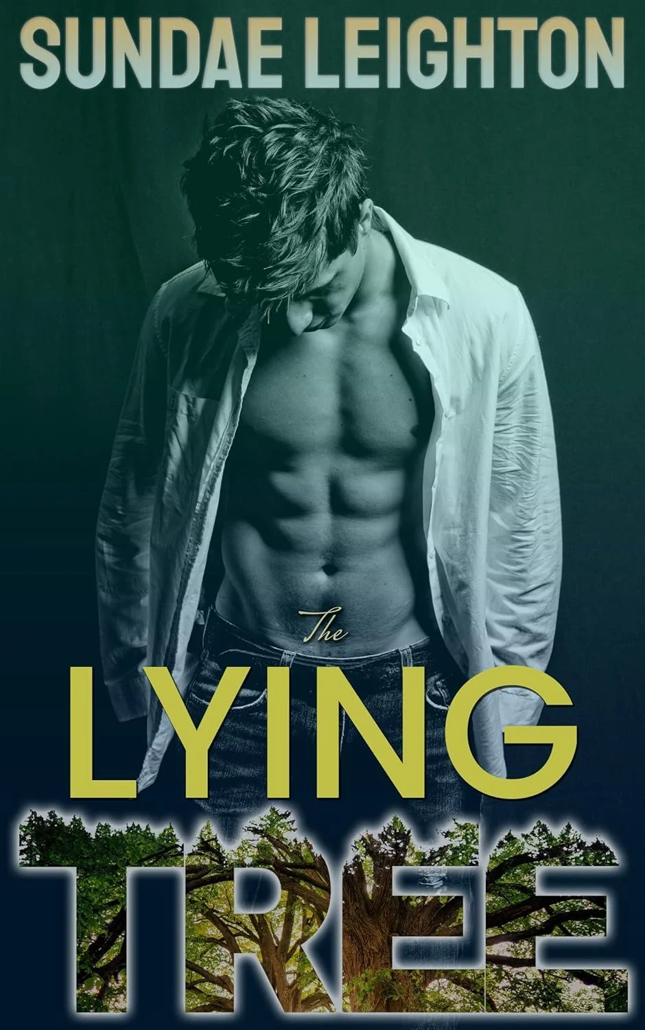 Book cover featuring a shirtless young man with defined abs, wearing an open white shirt, looking down, with green and yellow text and a tree at the bottom.