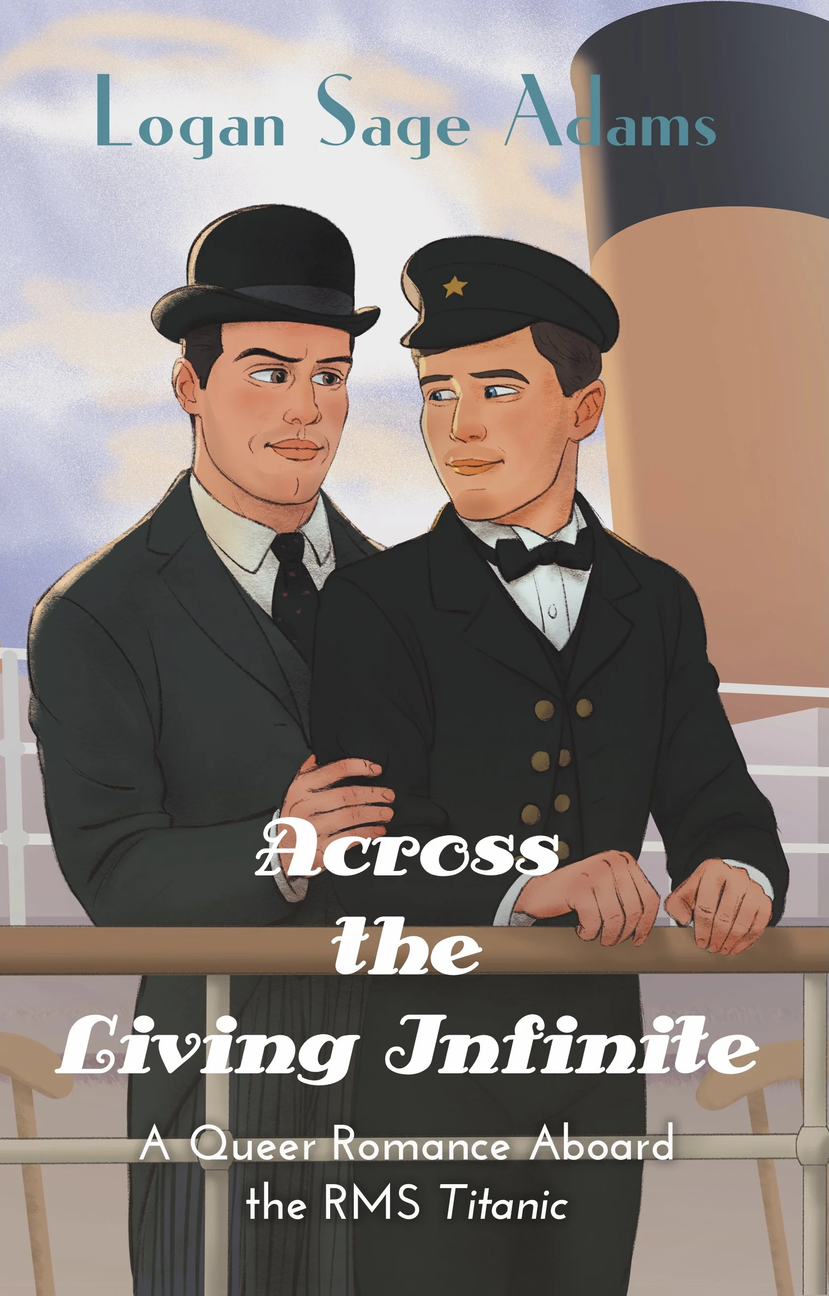Illustration of two men in vintage formal attire, standing on a boat deck with water and sky in the background. One man wears a top hat, and the other wears a cap with a star. The image includes overlaid text reading "Across the Living Infinite" and "A Queer Romance Aboard the RMS Titanic."