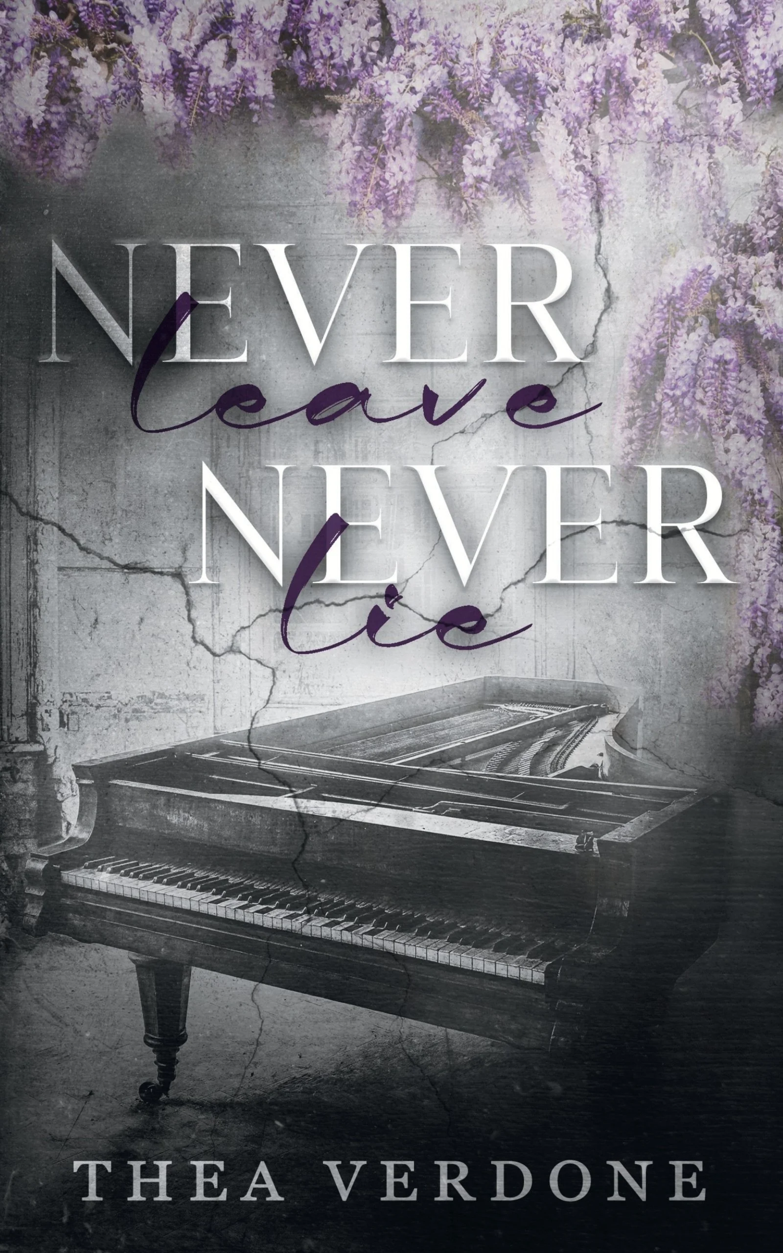 A black and white image of a grand piano with peeling paint, cracked walls, and purple flowers hanging from above. The text reads 'NEVER Leave NEVER' at the top and 'THEA VERDONE' at the bottom.