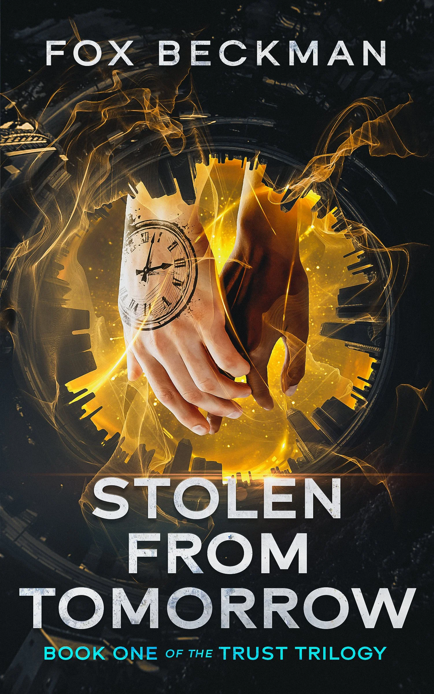 Book cover titled "Stolen From Tomorrow" by T.O. Kline, featuring a human hand holding a clock, with a cityscape and swirling light effects in the background.