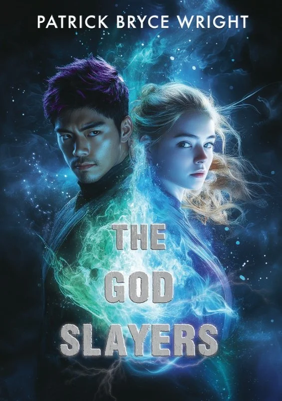 Movie poster for 'The God Slayers' featuring two young adults, a man with dark hair and a serious expression, and a woman with light hair and a contemplative look, with swirling blue and green cosmic effects background.