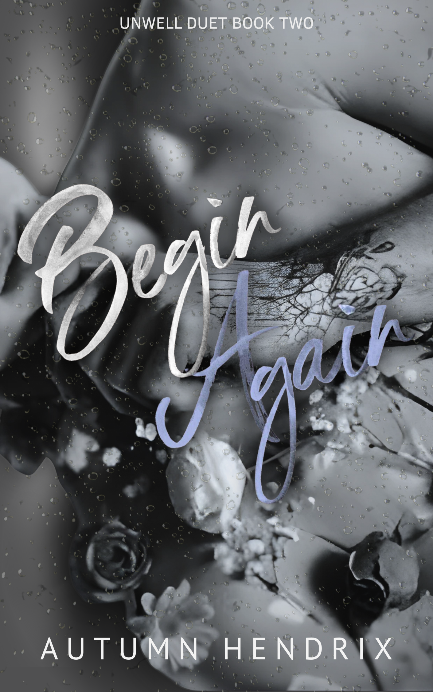 A book cover titled 'Unwell Duet Book Two' by Autumn Hendrix, featuring a close-up of a bouquet of roses with water droplets on the petals, in black and white with some colored text overlay.