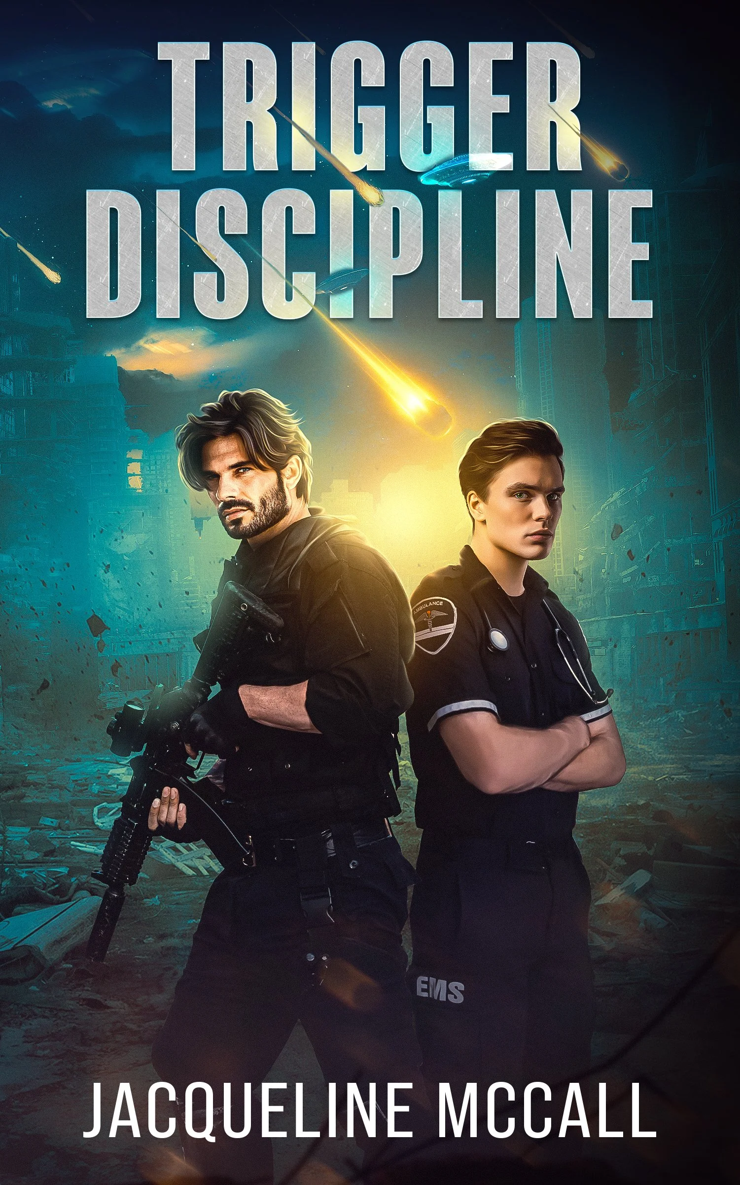 A digital book cover titled 'Trigger Displine' with two police officers, a man with a beard holding a rifle and a woman with crossed arms. The background depicts a city in ruin with fire raining from the sky, debris, and destroyed buildings.