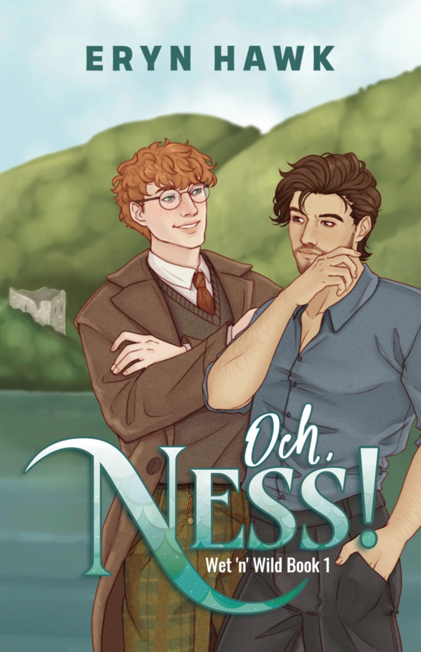 Cover of a book titled 'Oh, Ness!', featuring two young men standing outdoors with green hills and a river or lake in the background. One man has curly red hair and glasses, wearing a brown coat, and the other has dark hair, a beard, and is wearing a gray shirt.